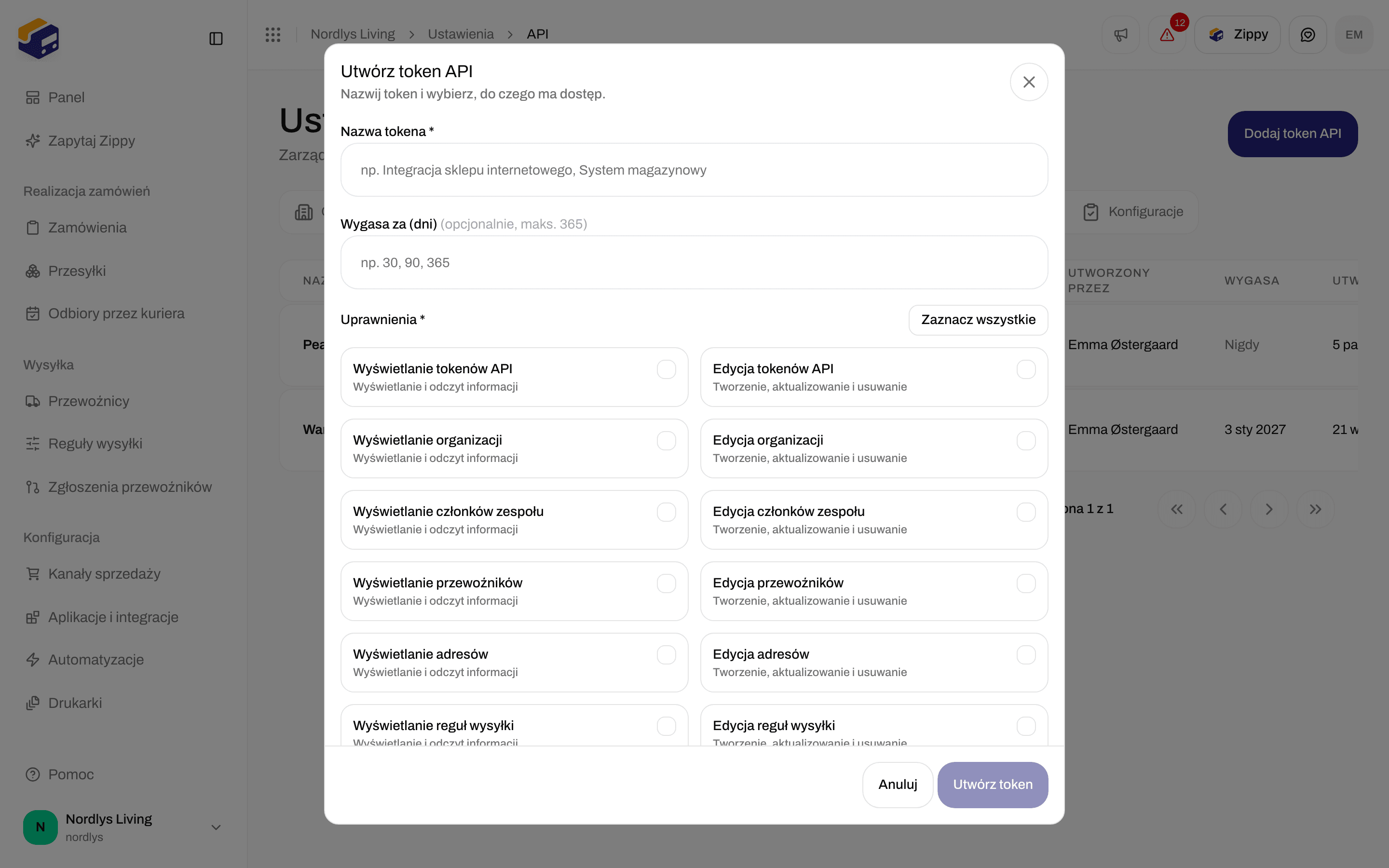 Okno Utwórz token API z polami Nazwa tokena, Wygasa za (dni) i polami wyboru uprawnień