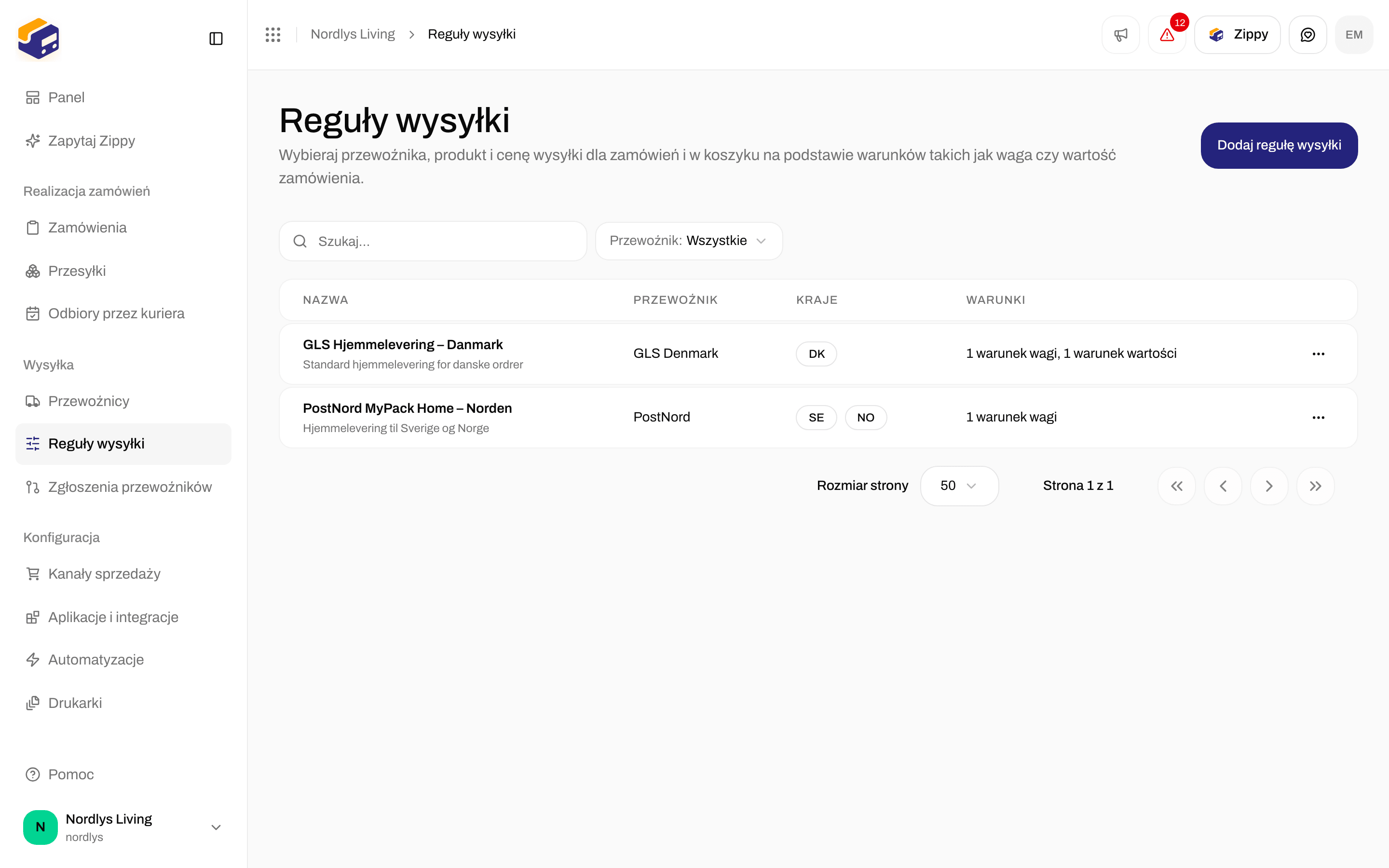 Lista reguł wysyłki z GLS Hjemmelevering dla Danii i PostNord MyPack Home dla Szwecji i Norwegii