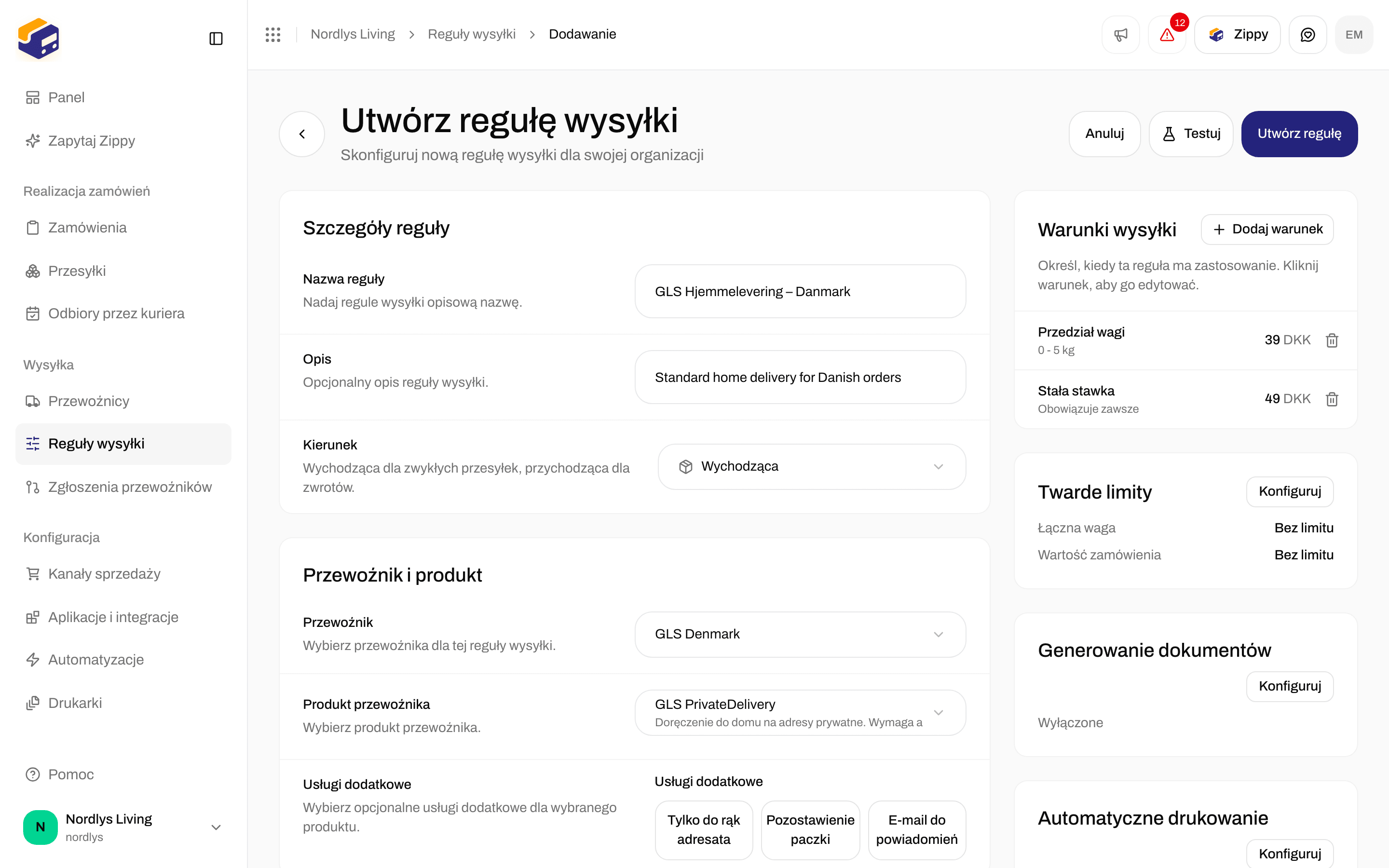 Warunki wysyłki z warunkiem wagi za 39 DKK i warunkiem stałej stawki za 49 DKK