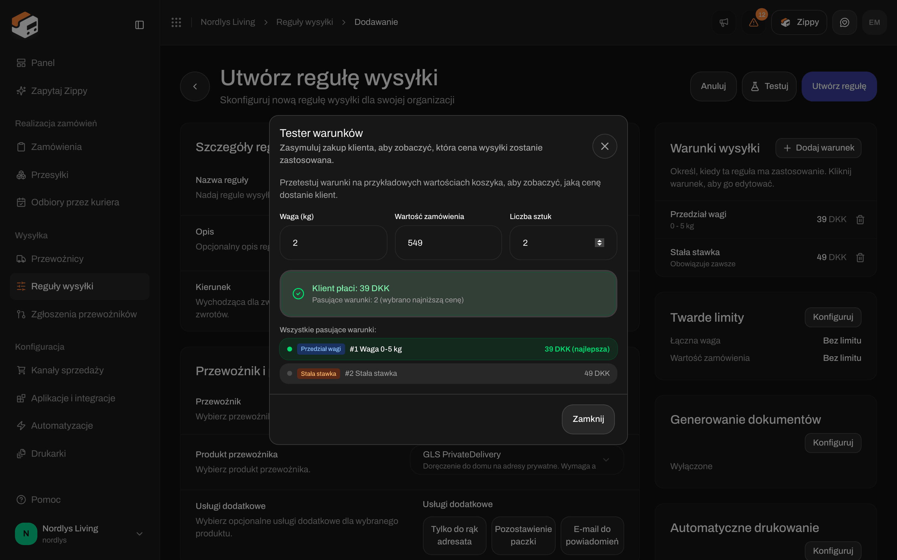 Okno testera warunków informujące, że klient płaci 39 DKK, z warunkiem wagi oznaczonym jako najlepszy