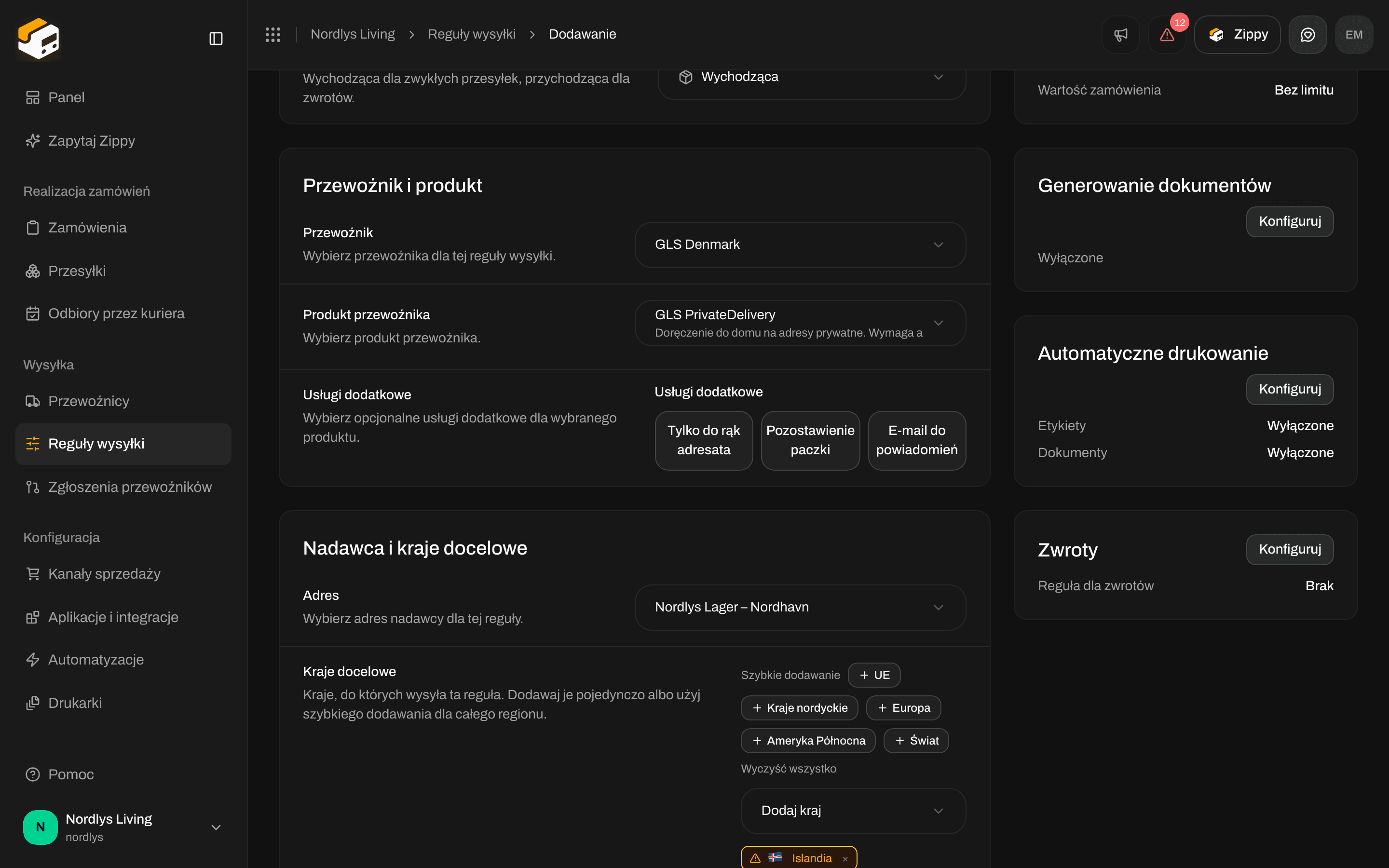 Kraje docelowe z krajami nordyckimi dodanymi przez Szybkie dodawanie