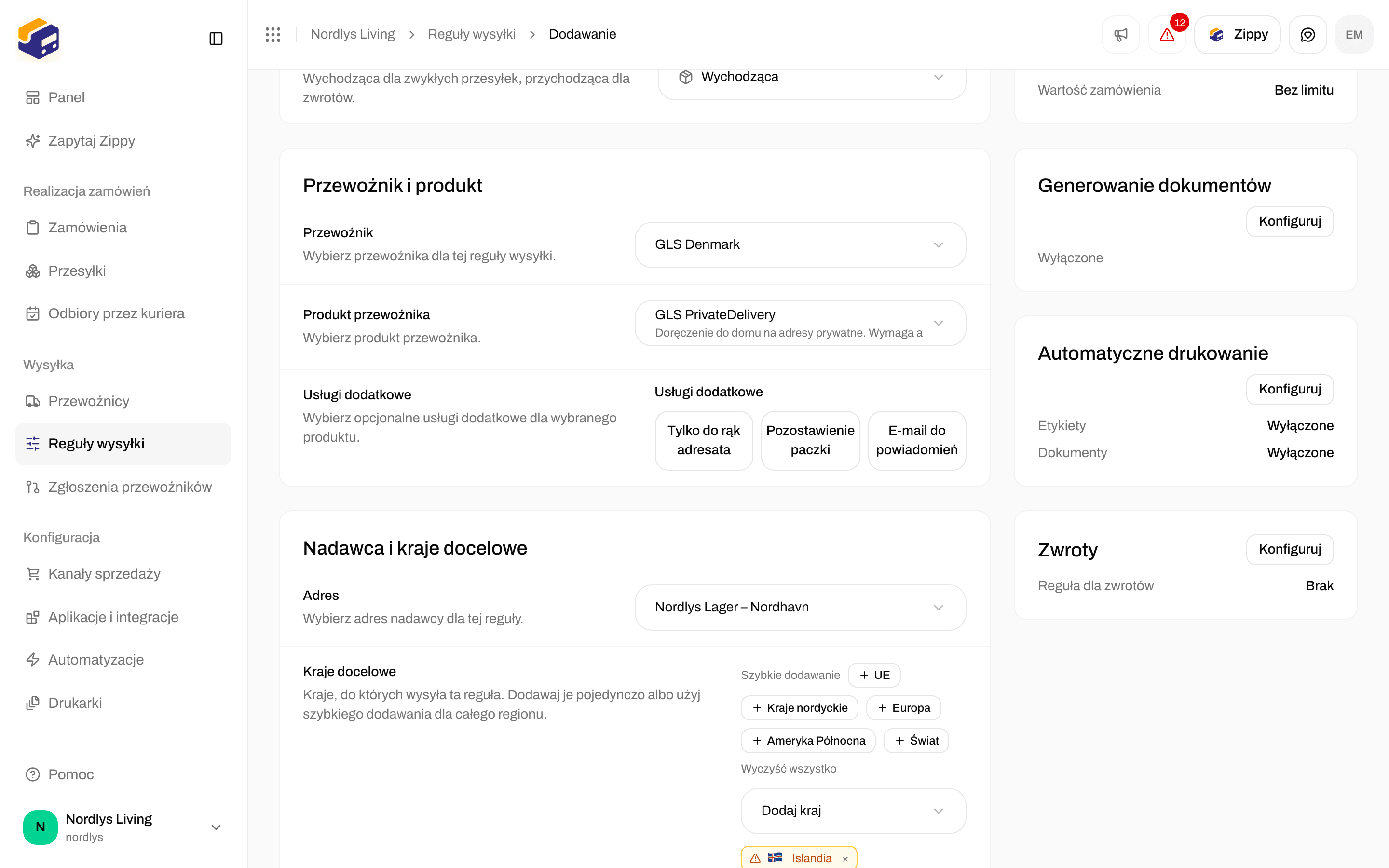 Kraje docelowe z krajami nordyckimi dodanymi przez Szybkie dodawanie