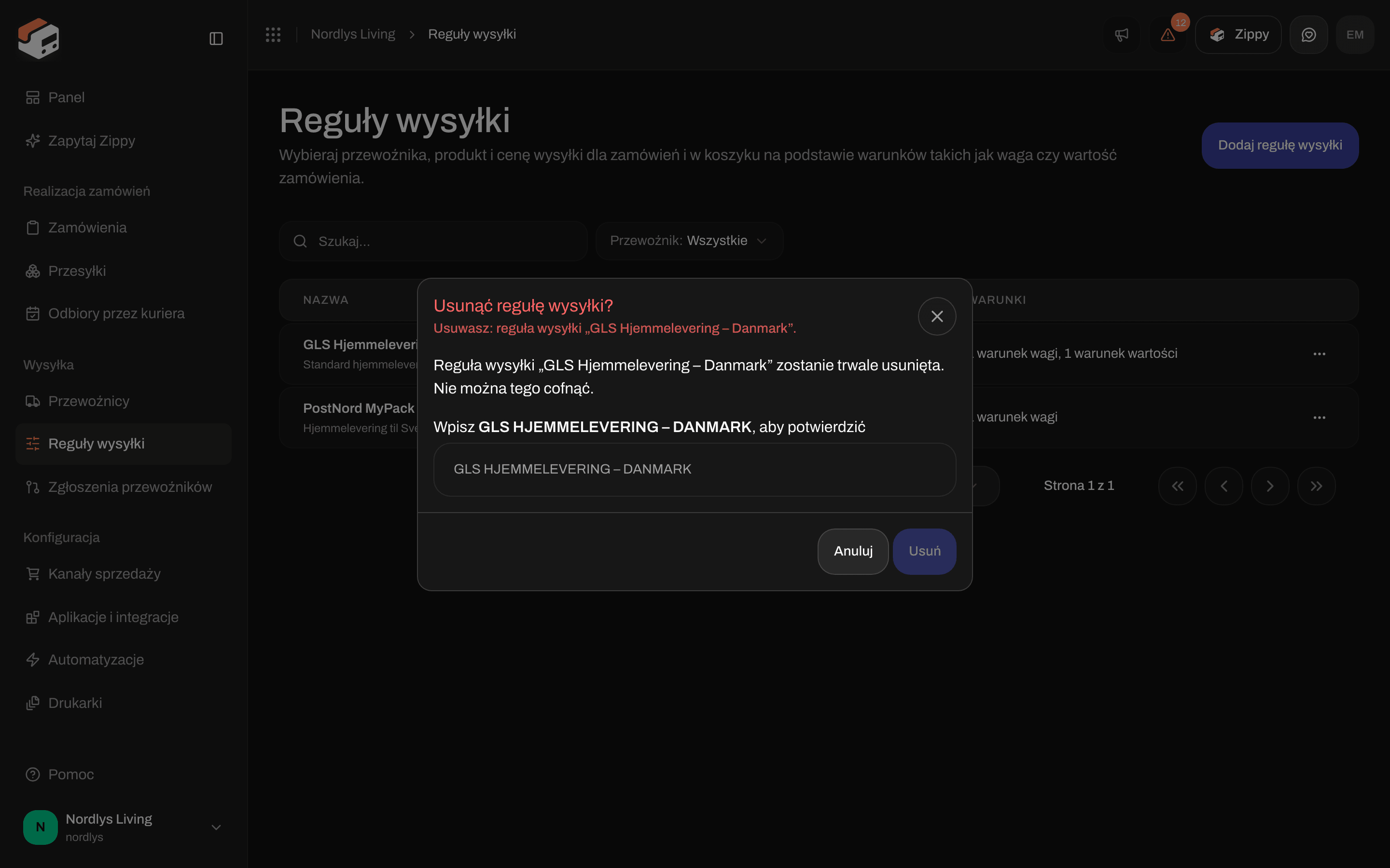 Okno usuwania reguły wysyłki z prośbą o wpisanie GLS HJEMMELEVERING – DANMARK, aby potwierdzić