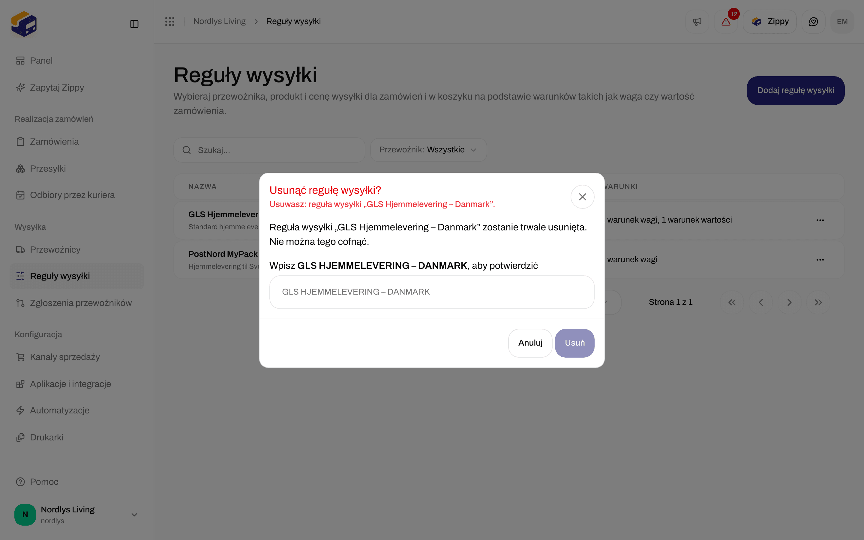 Okno usuwania reguły wysyłki z prośbą o wpisanie GLS HJEMMELEVERING – DANMARK, aby potwierdzić