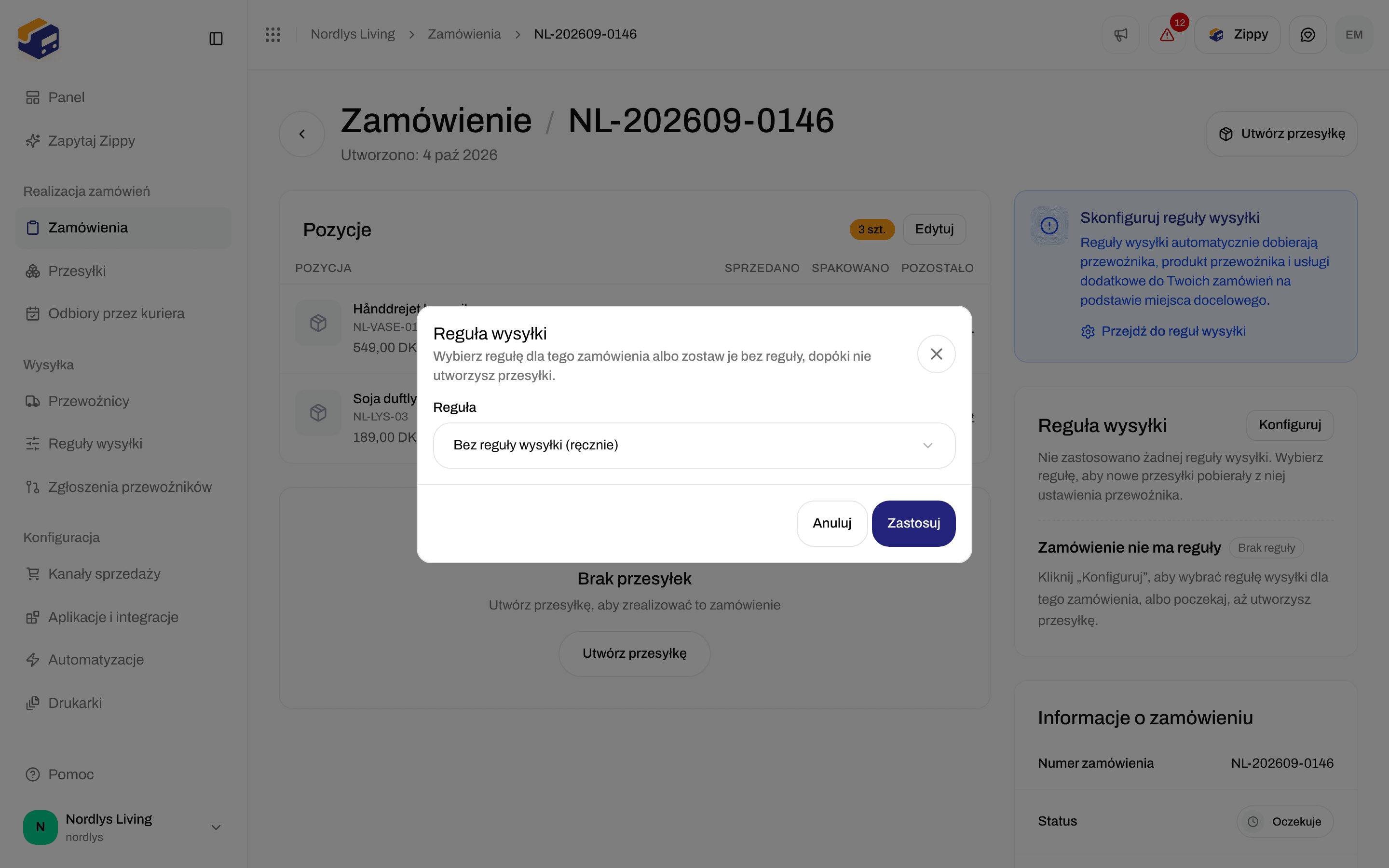 Okno reguły wysyłki przy zamówieniu z listą reguł ustawioną na Bez reguły wysyłki (ręcznie)