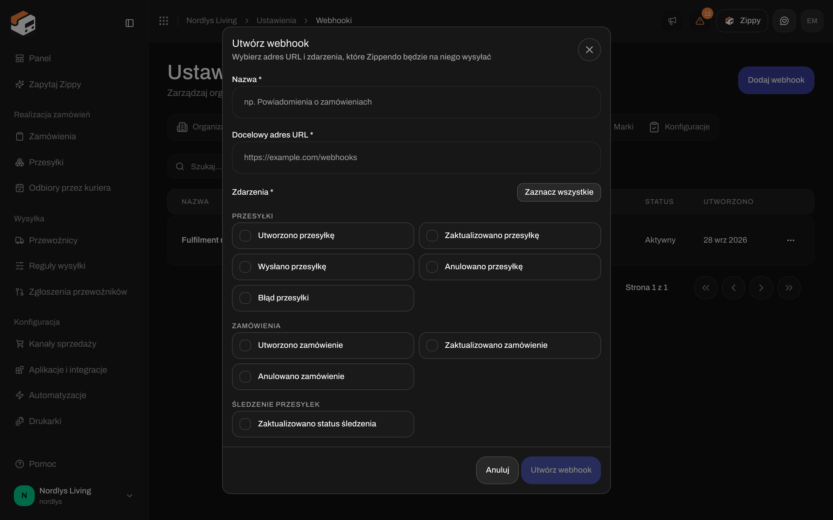 Okno tworzenia webhooka z grupą Śledzenie przesyłek i zdarzeniem Zaktualizowano status śledzenia