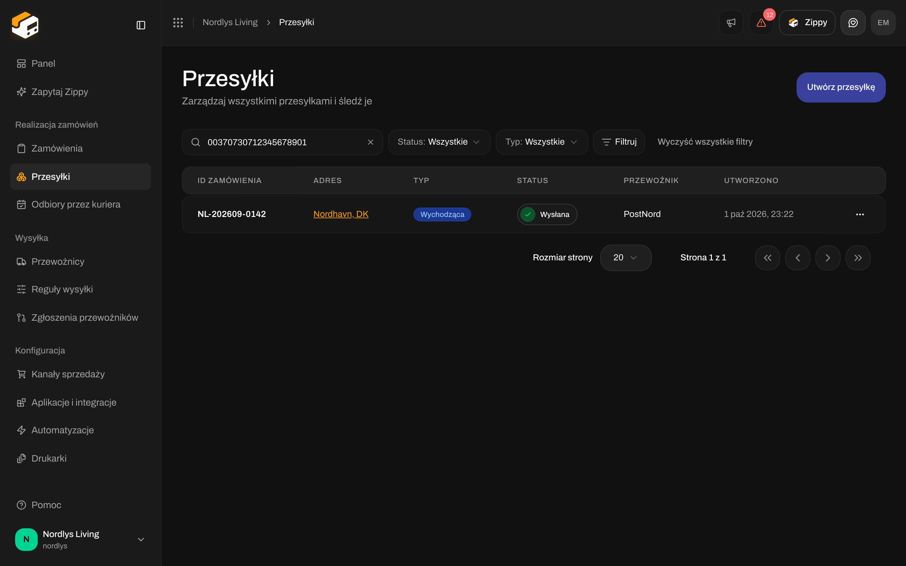 Lista przesyłek z przesyłką pasującą do numeru przesyłki