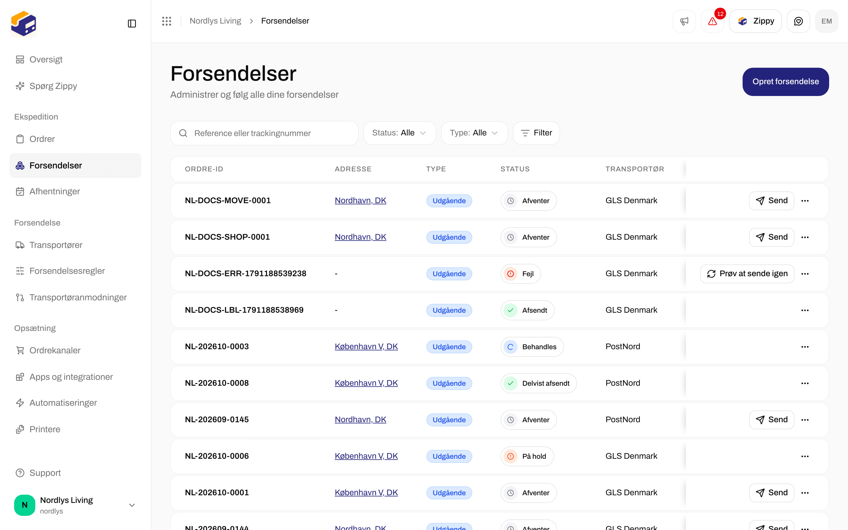 Listen Alle forsendelser med udgående forsendelser i Afventer, Annulleret, Afsendt og Behandles