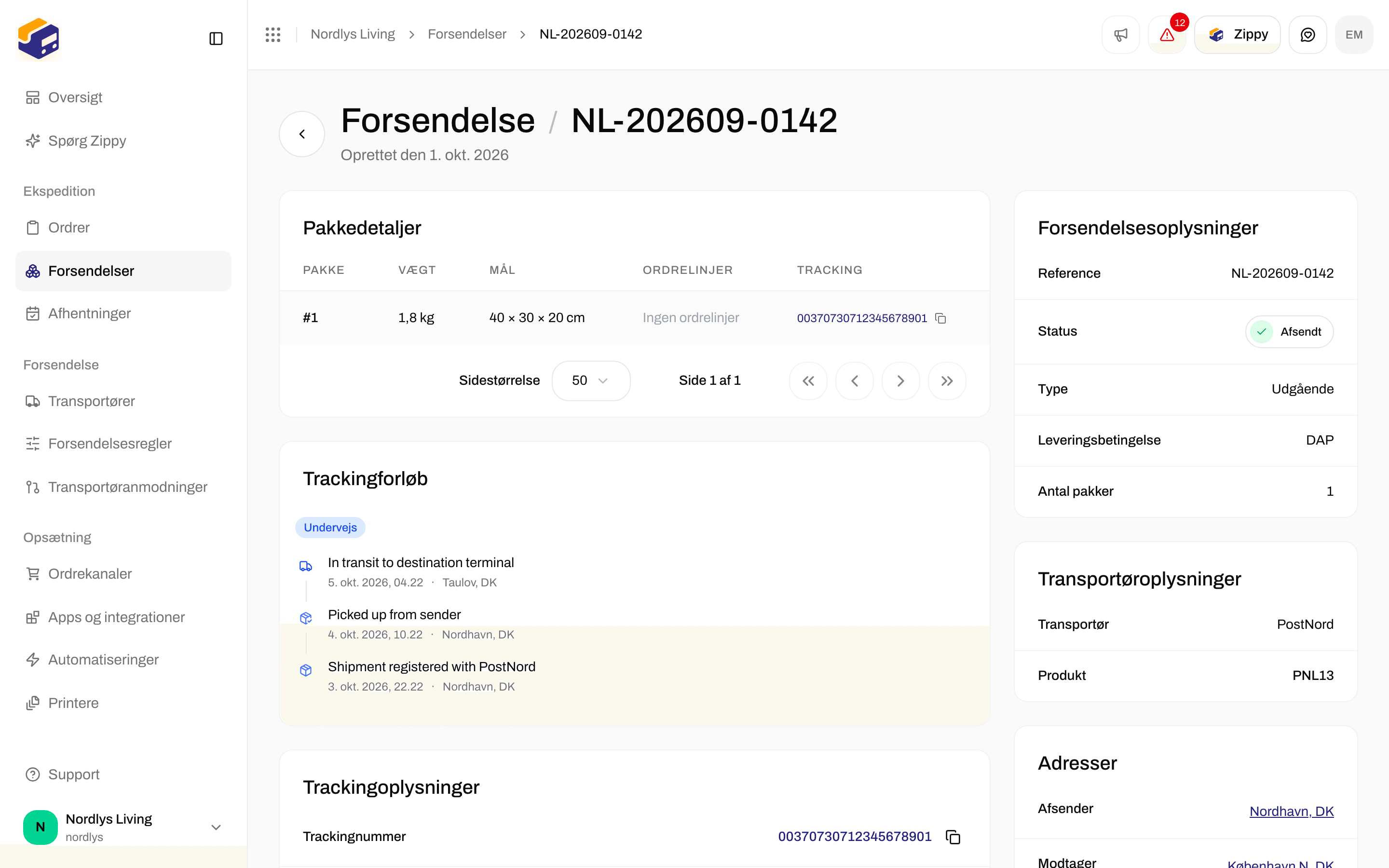 Oversigt over en afsendt PostNord-forsendelse med dens afsenderadresse