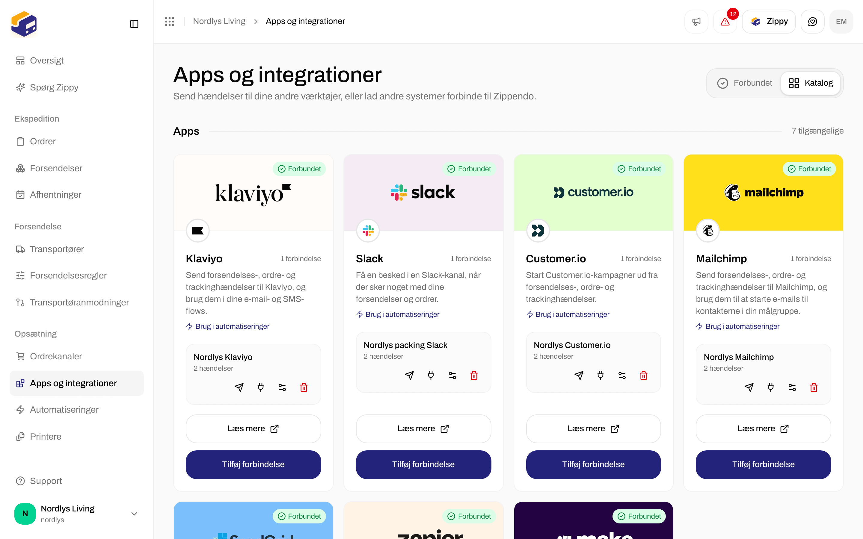 Katalog med Klaviyo, Slack, Customer.io, Mailchimp, SendGrid, Zapier og Make