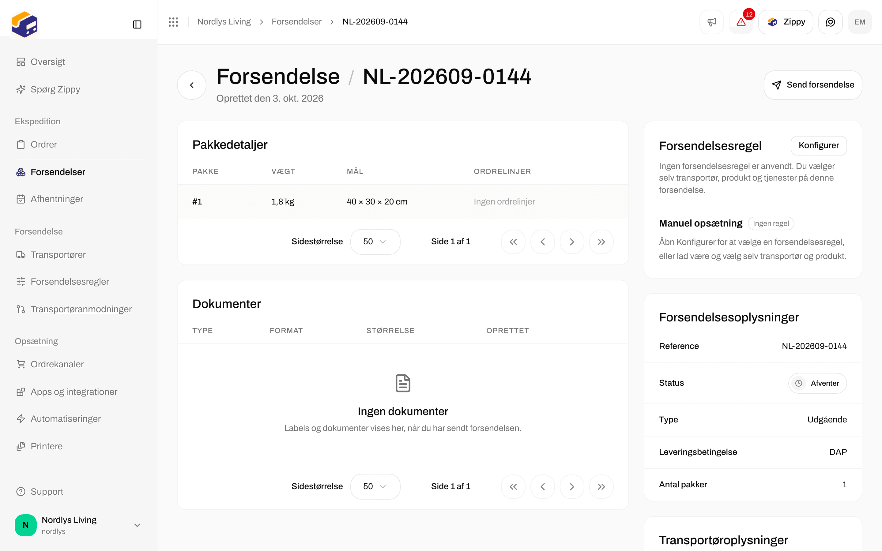 En afventende forsendelse med knappen Send forsendelse øverst