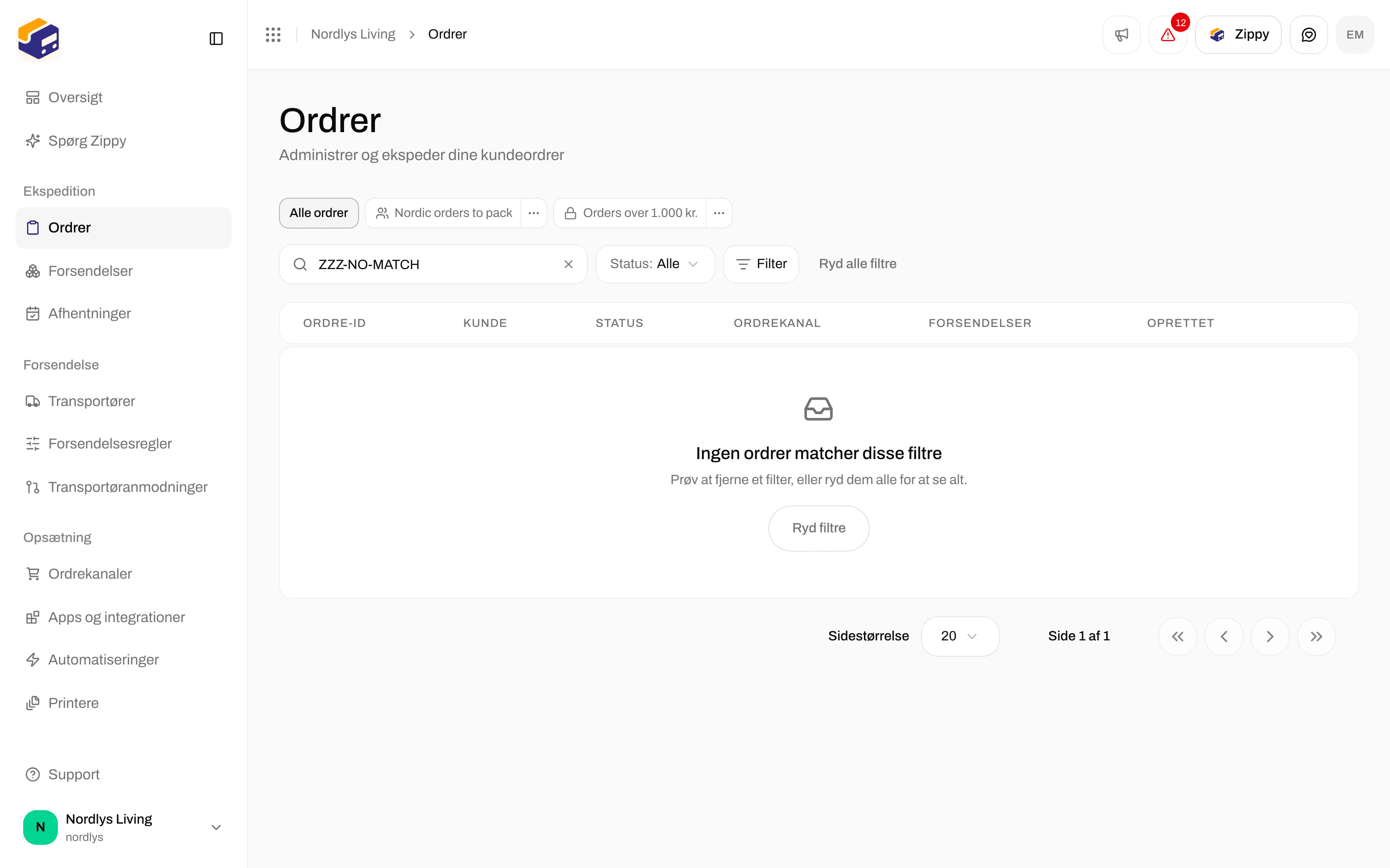 Tom ordretabel med Ingen ordrer matcher disse filtre og en knap Ryd filtre