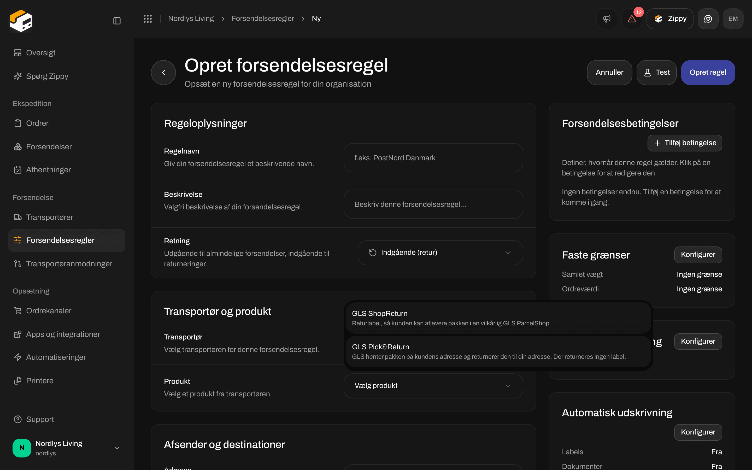 Opret forsendelsesregel med Retning Indgående (retur), GLS Denmark og GLS ShopReturn og GLS Pick&Return på produktlisten