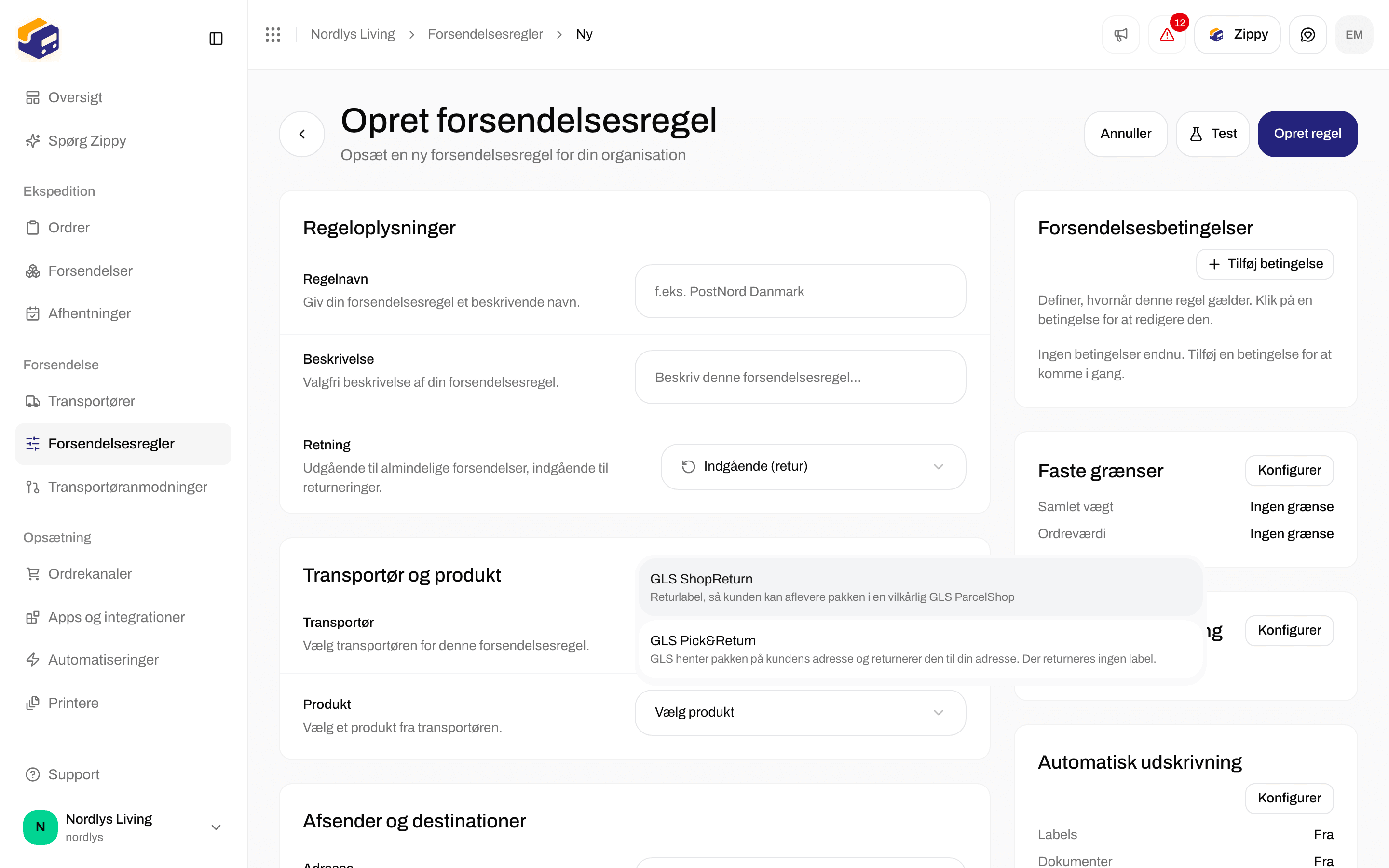 Opret forsendelsesregel med Retning Indgående (retur), GLS Denmark og GLS ShopReturn og GLS Pick&Return på produktlisten