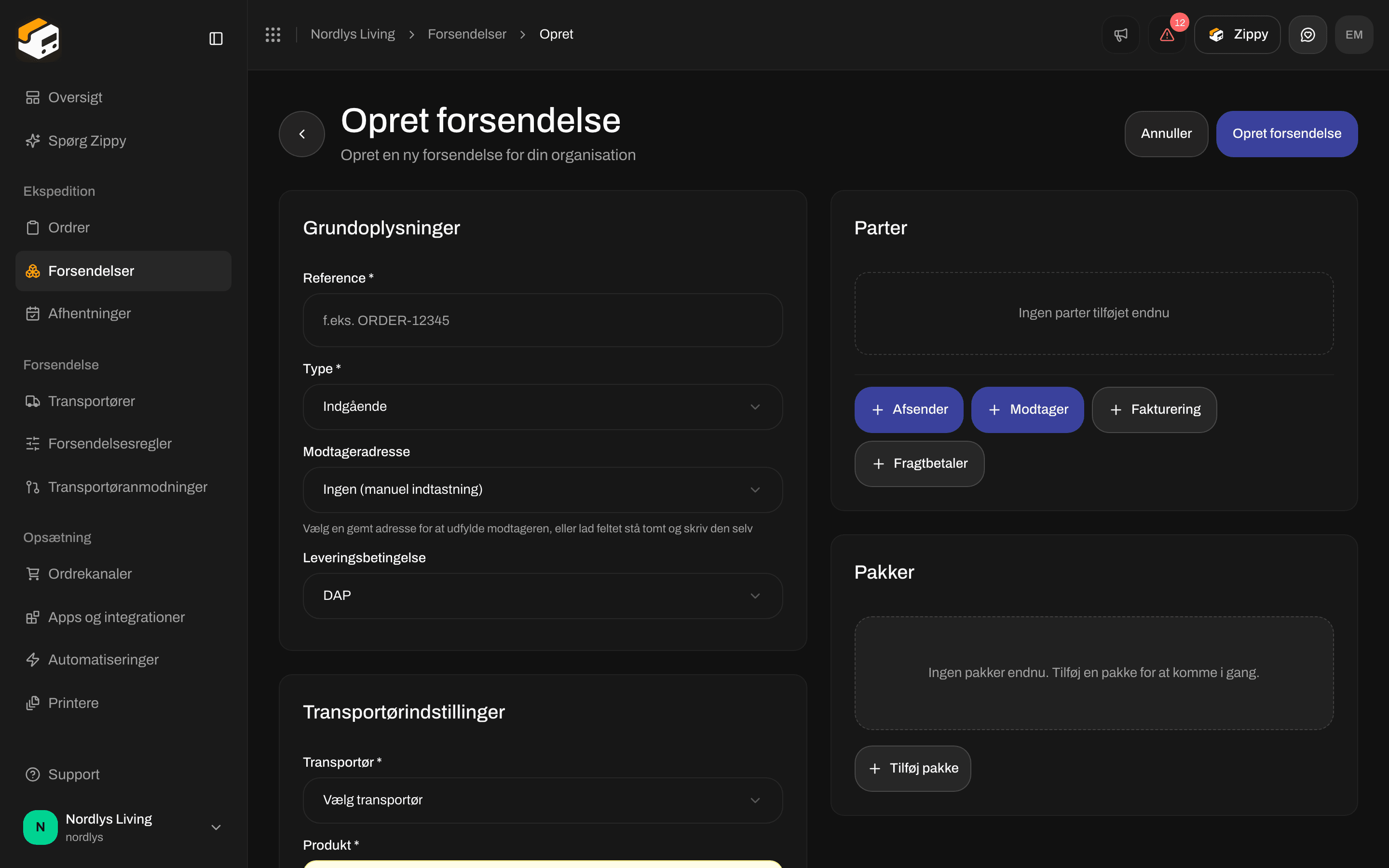 Formularen Opret forsendelse med Type Indgående og Modtageradresse
