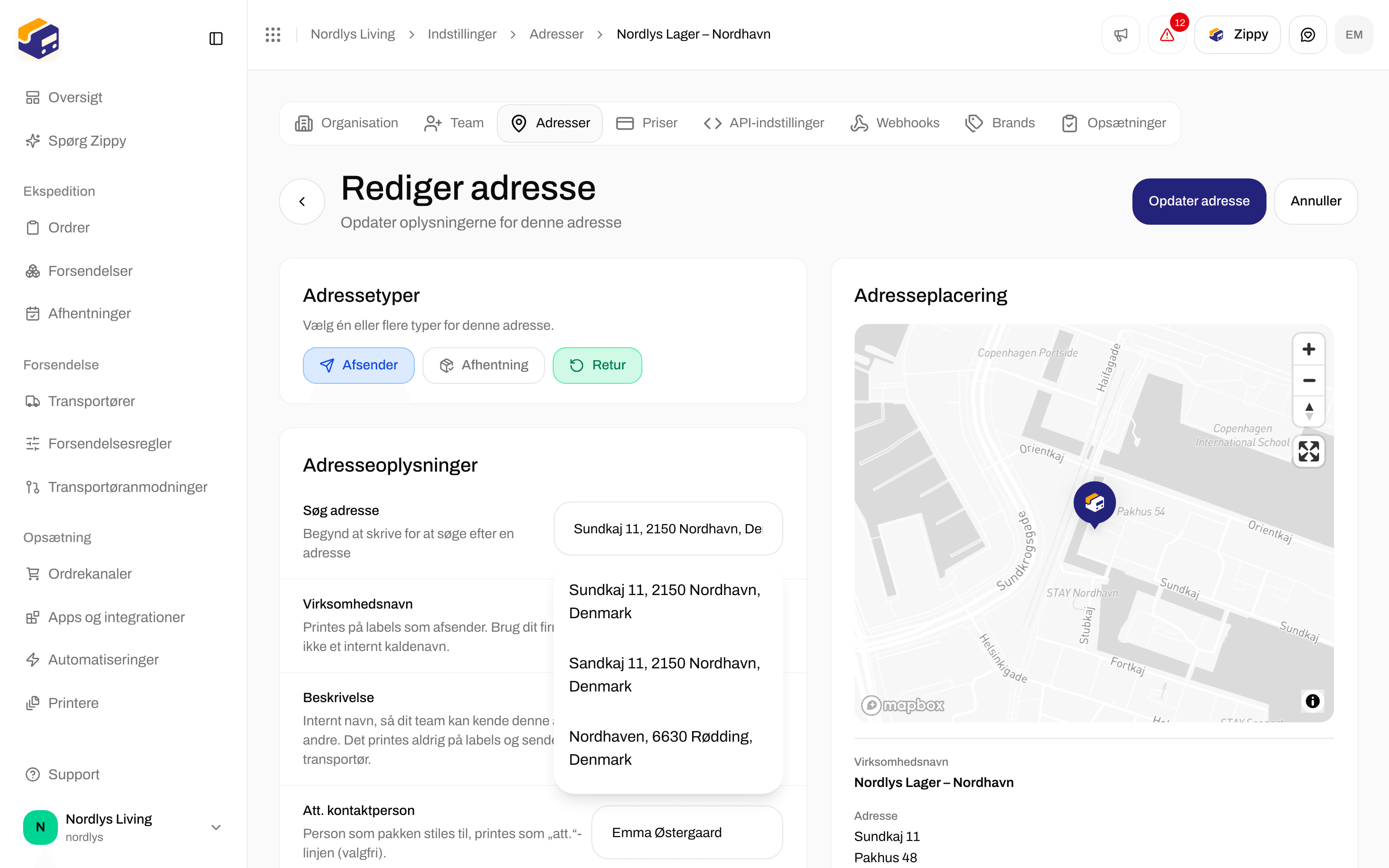 Rediger adresse med adressetyperne Afsender, Afhentning og Retur, hvor Retur er afkrydset