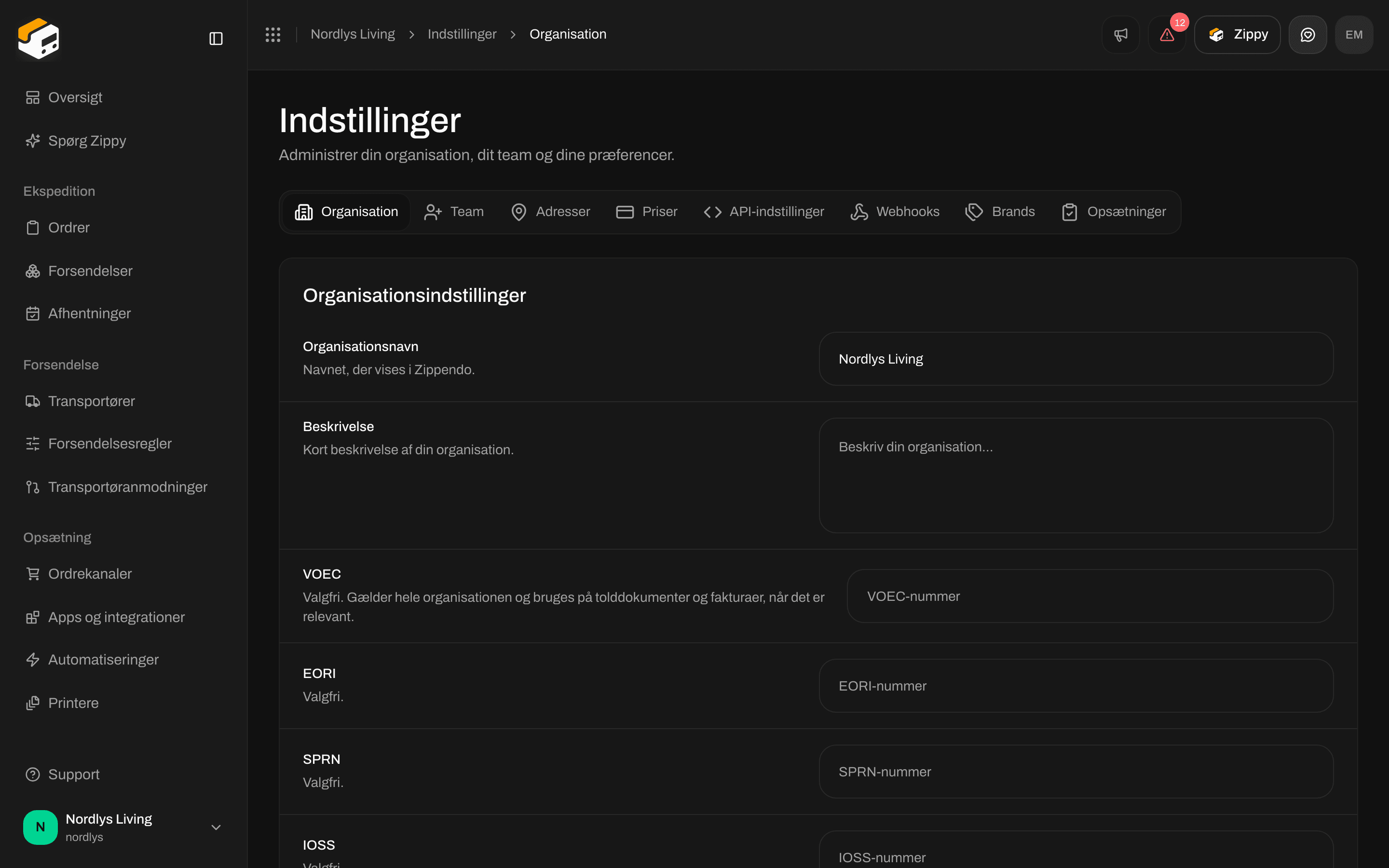 Organisationsindstillinger for en eksempelorganisation med de valgfrie felter VOEC, EORI, SPRN og IOSS