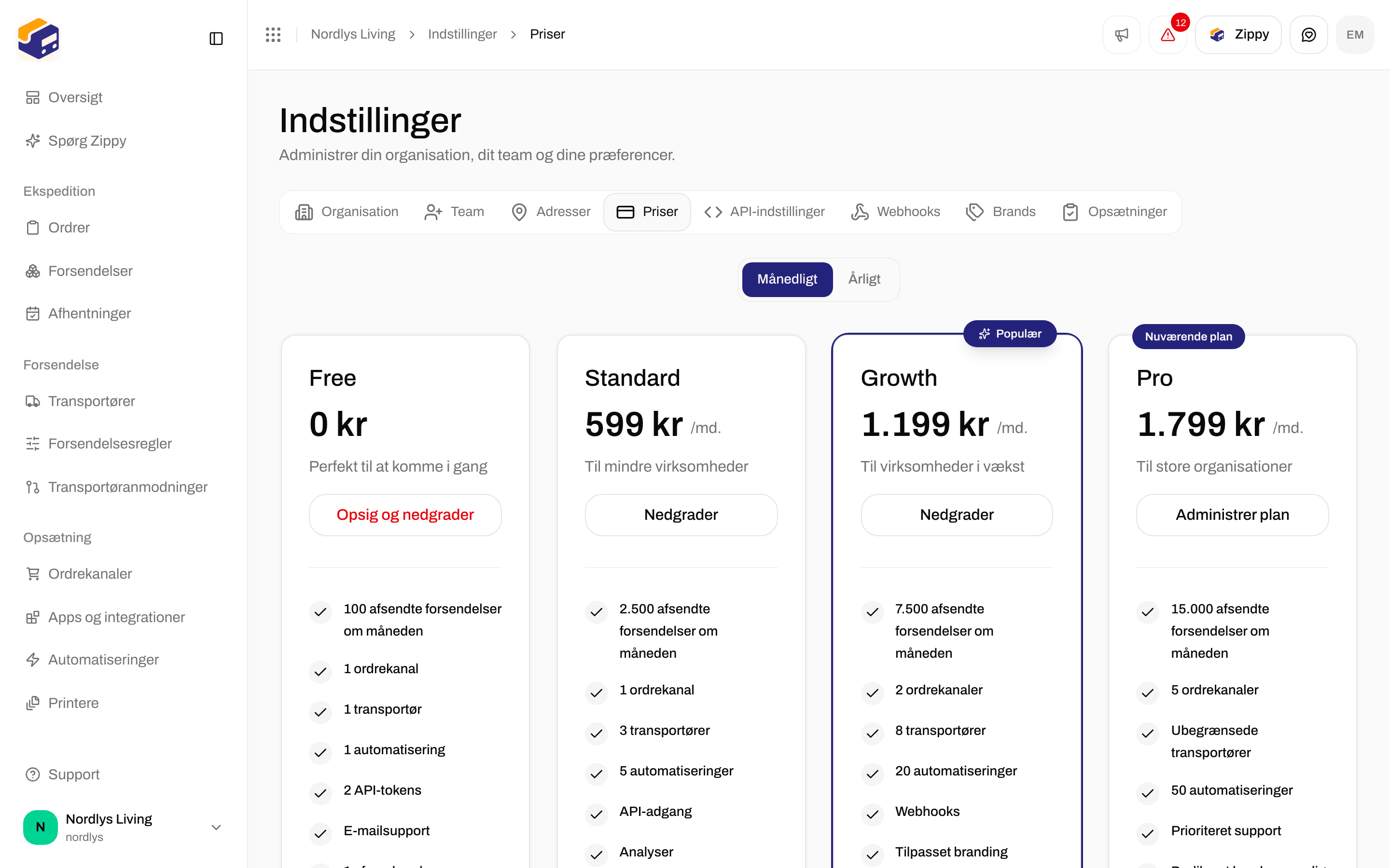 Priser med Månedligt valgt og Pro markeret som Nuværende plan