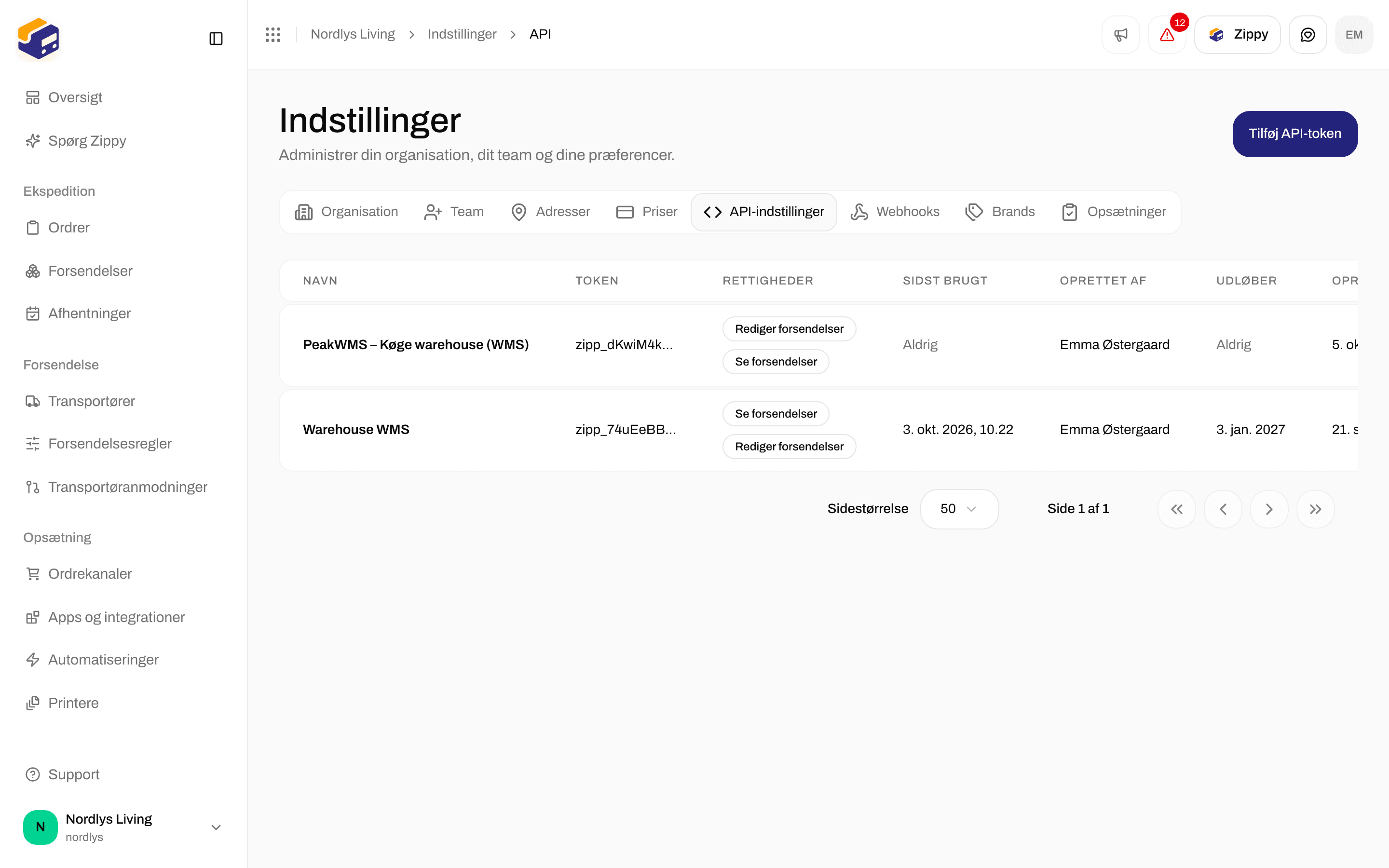 API-tokens uden indhold med Opret dit første token og Tilføj API-token