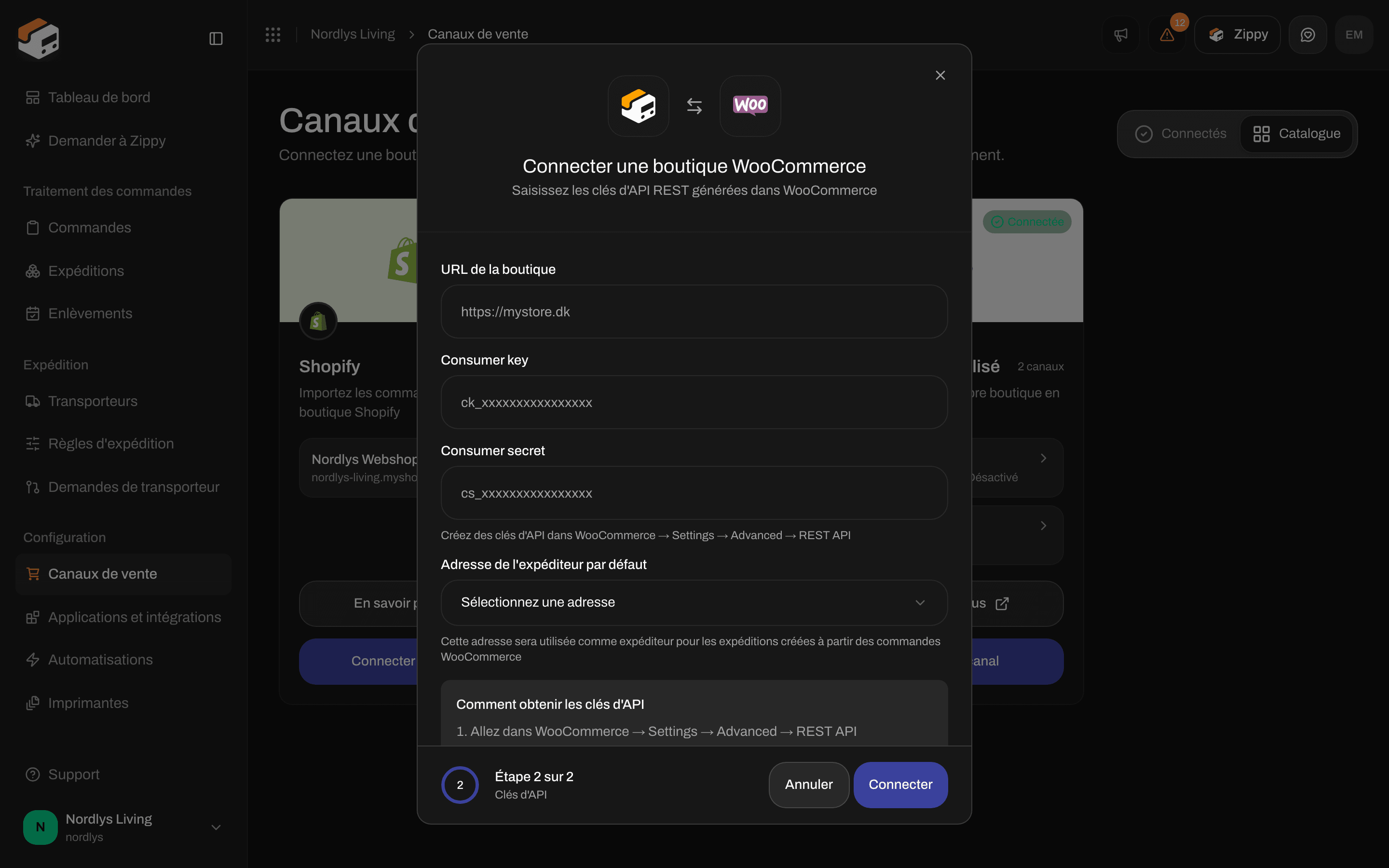 Fenêtre Connecter une boutique WooCommerce à l'étape Clés d'API avec URL de la boutique, Consumer key, Consumer secret, Adresse de l'expéditeur par défaut et Comment obtenir les clés d'API