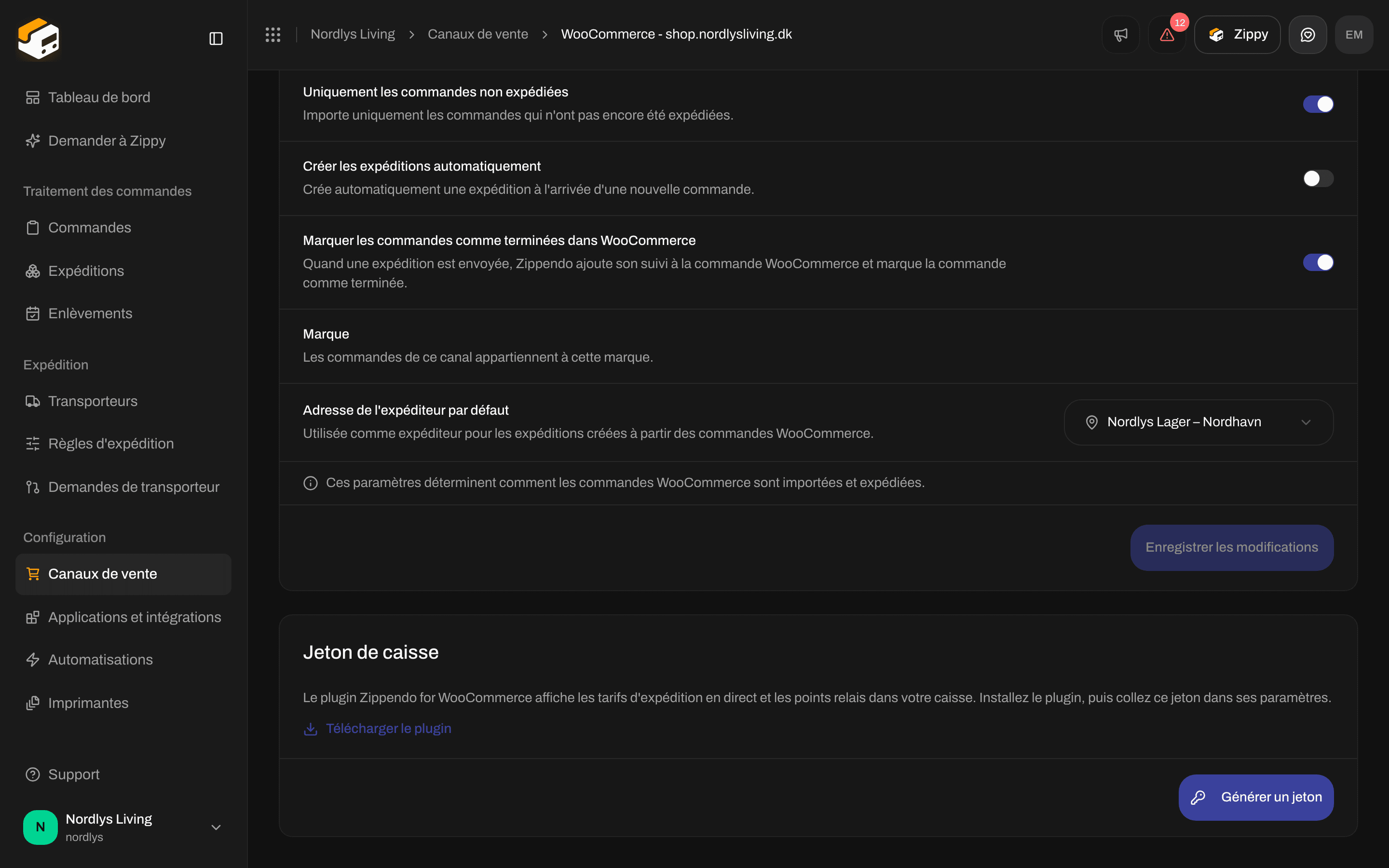 Onglet Commandes et caisse de WooCommerce avec les interrupteurs de synchronisation des commandes, Marque et Adresse de l'expéditeur par défaut