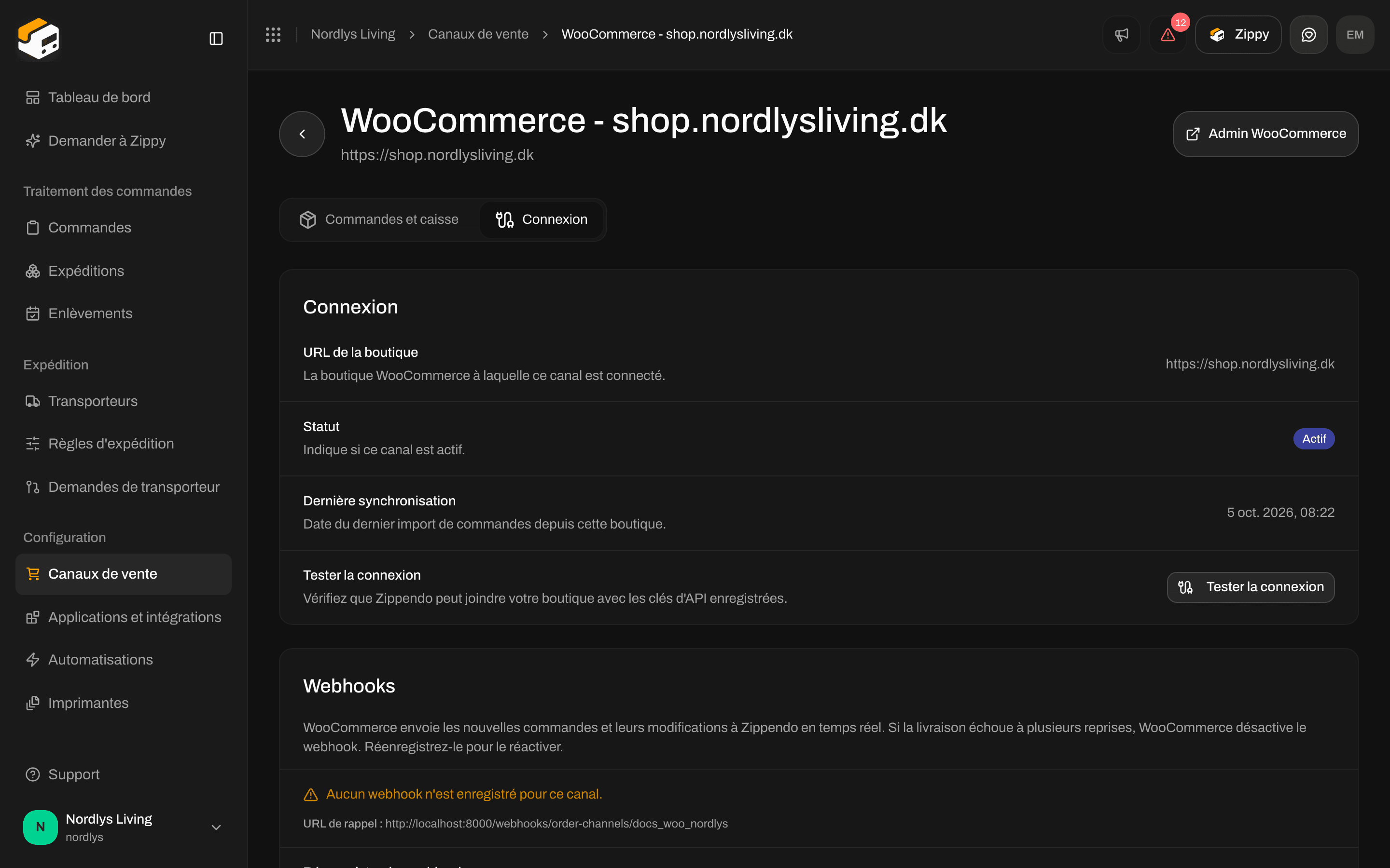 Onglet Connexion de WooCommerce avec URL de la boutique, Statut, Dernière synchronisation et Tester la connexion