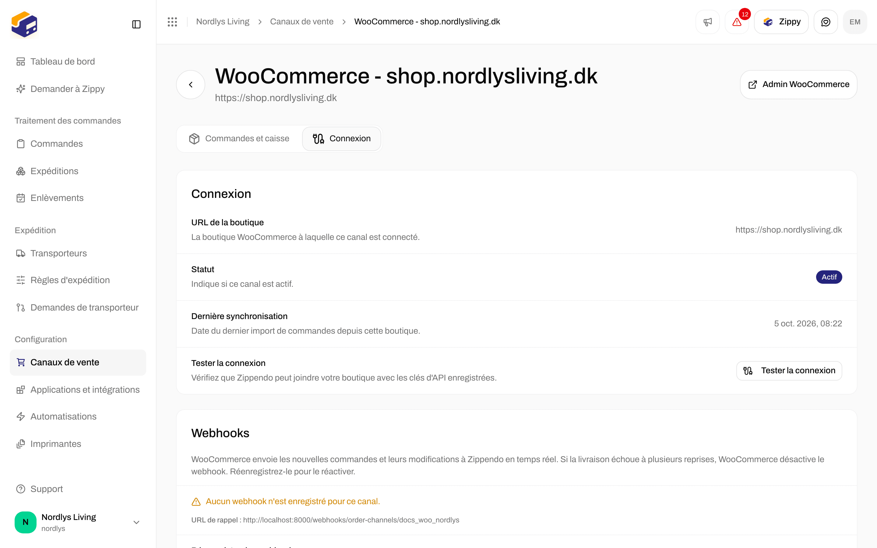 Onglet Connexion de WooCommerce avec URL de la boutique, Statut, Dernière synchronisation et Tester la connexion