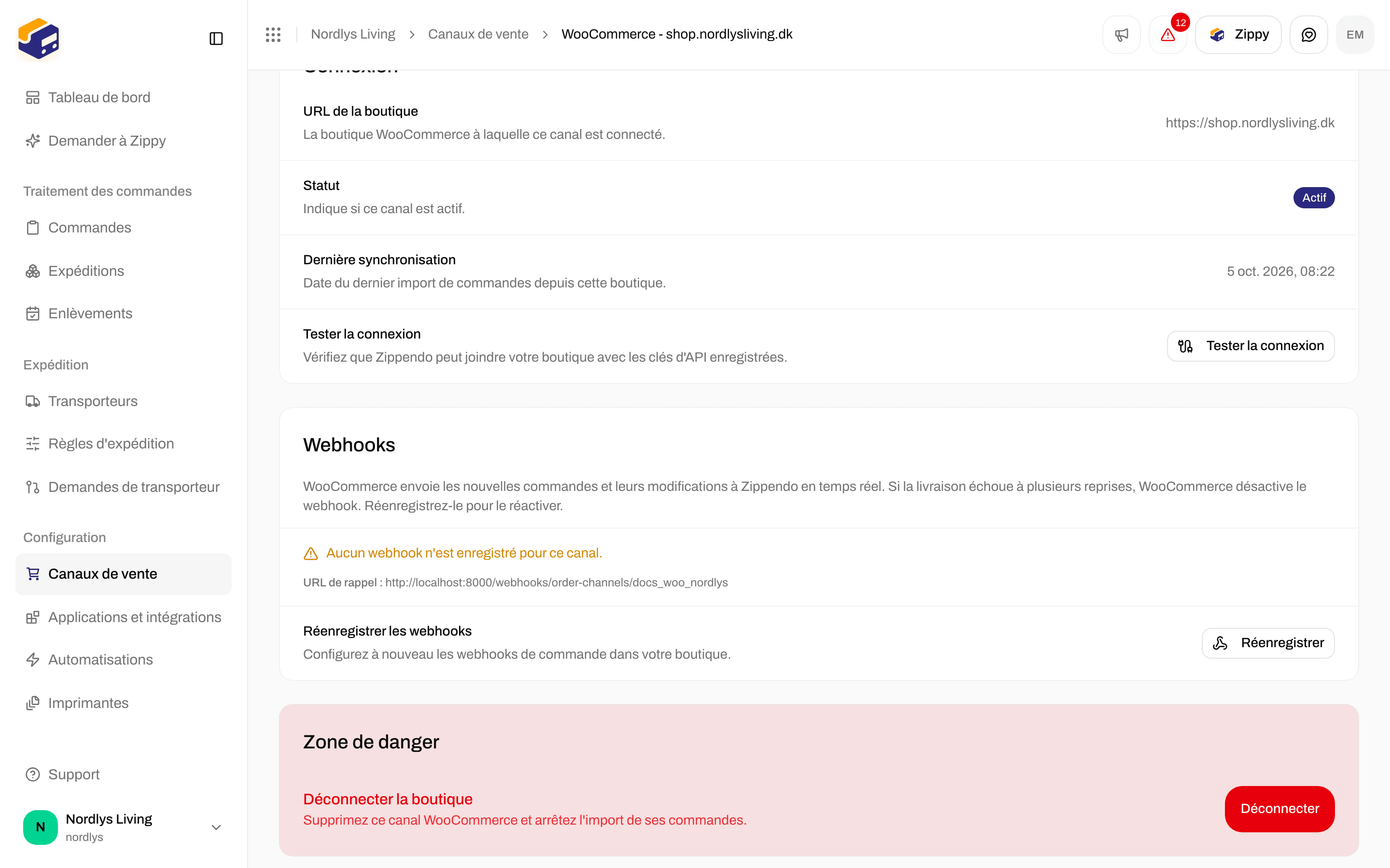 Carte Webhooks avec la liste des webhooks, l'URL de rappel et Réenregistrer
