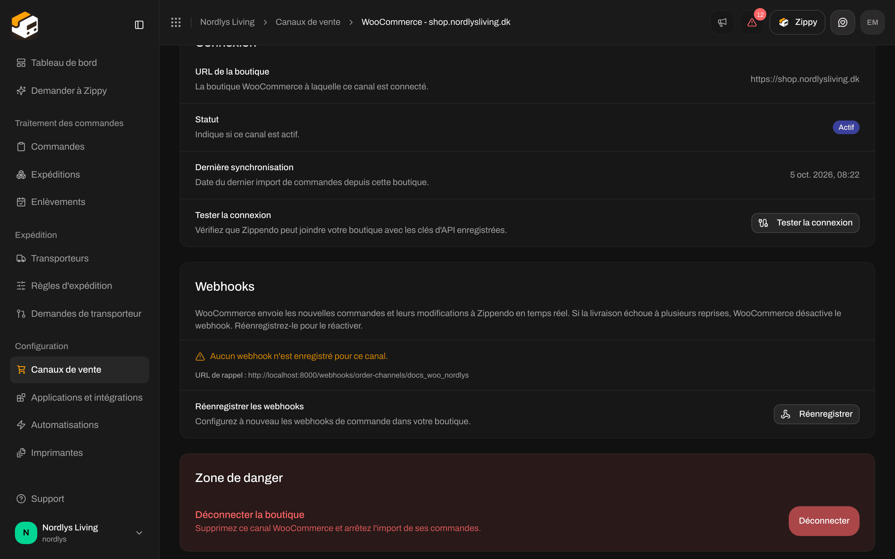 Zone de danger avec Déconnecter la boutique et le bouton Déconnecter