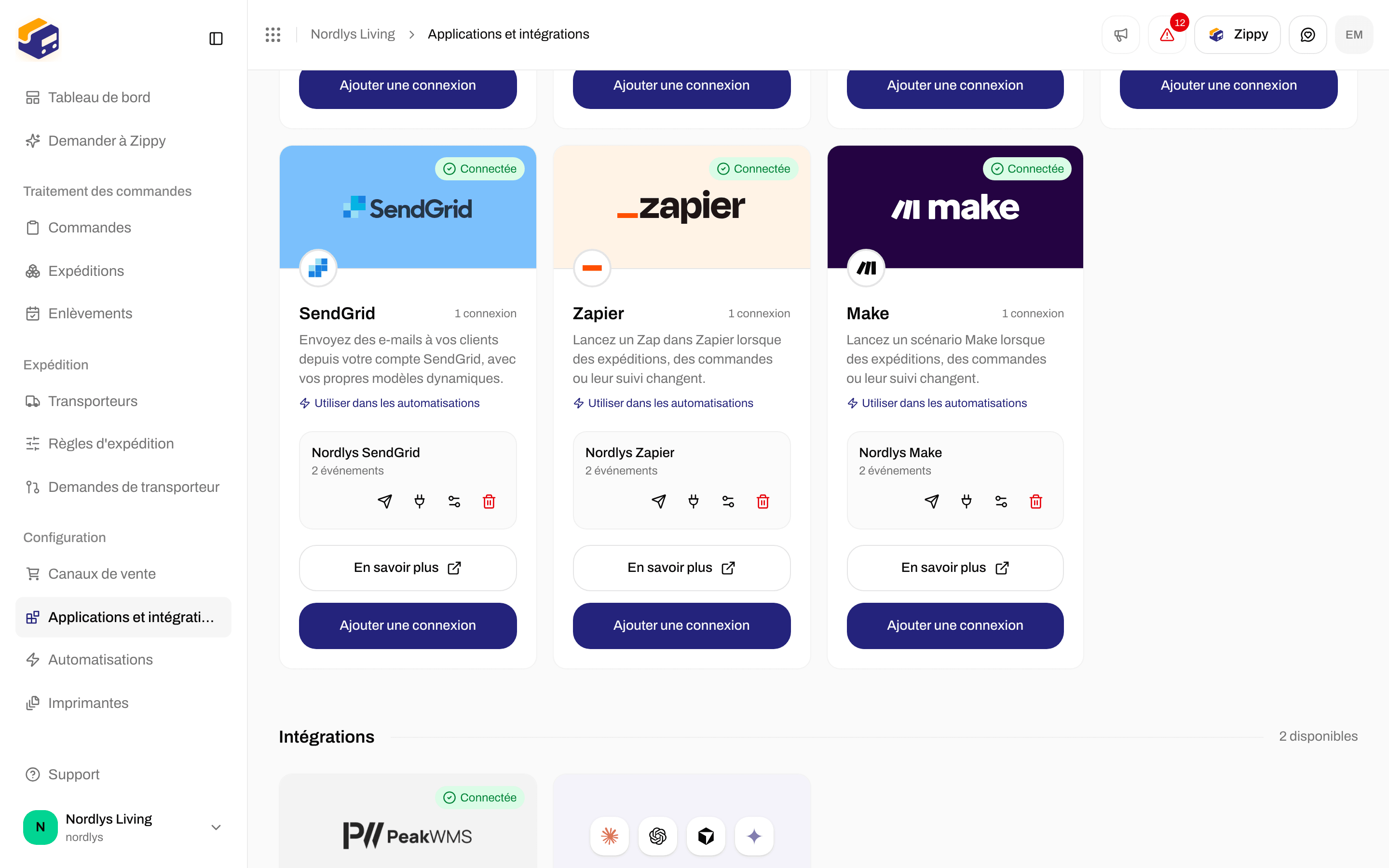 Catalogue avec la carte Zapier et ses boutons Utiliser dans les automatisations, En savoir plus et Connecter