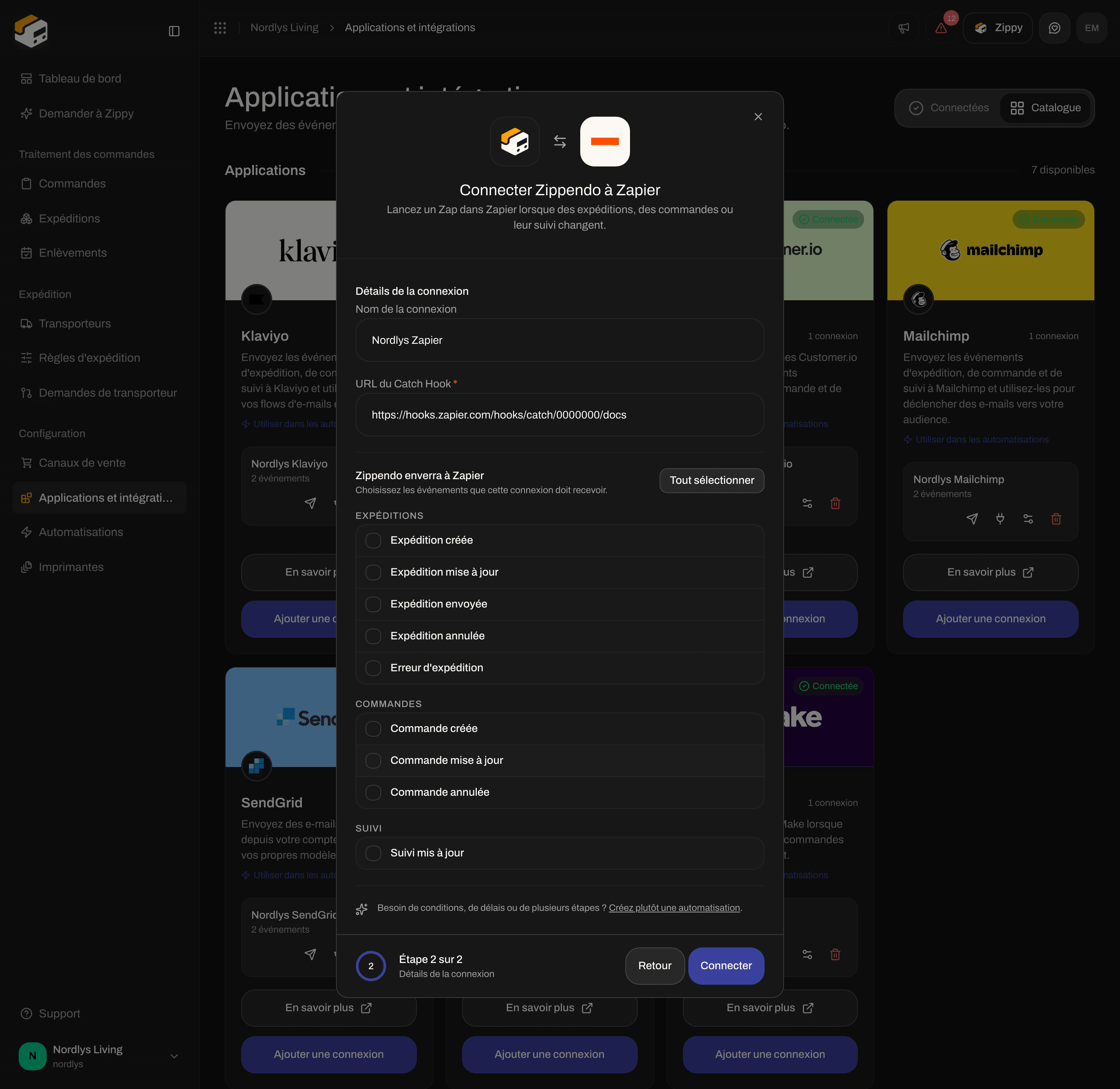 Fenêtre de connexion de Zapier avec un nom de connexion, l'URL du Catch Hook et des cases à cocher pour les événements