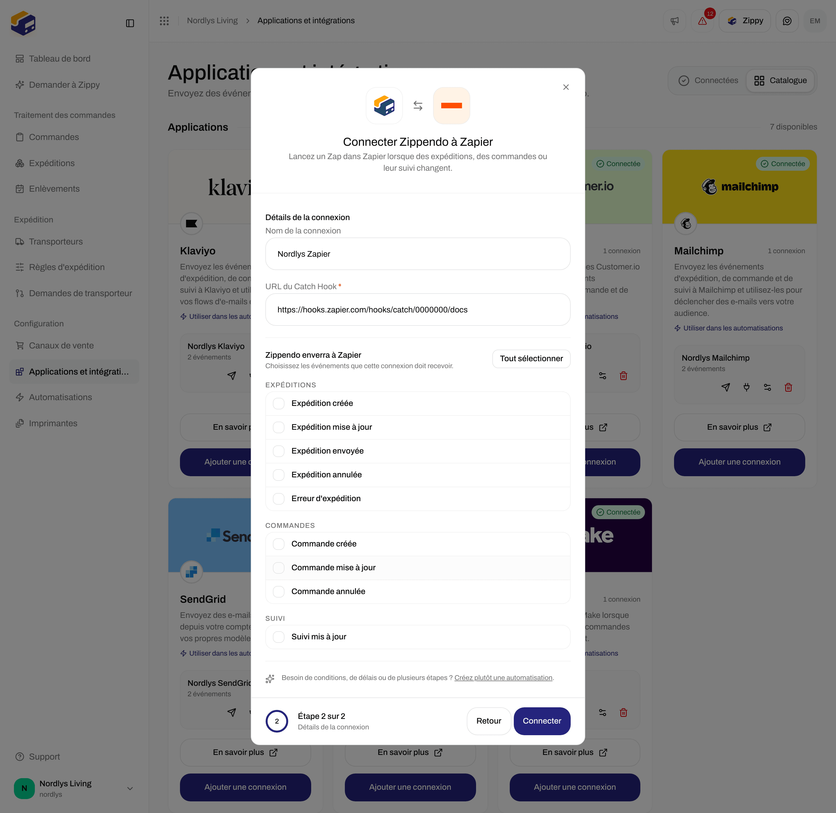 Fenêtre de connexion de Zapier avec un nom de connexion, l'URL du Catch Hook et des cases à cocher pour les événements