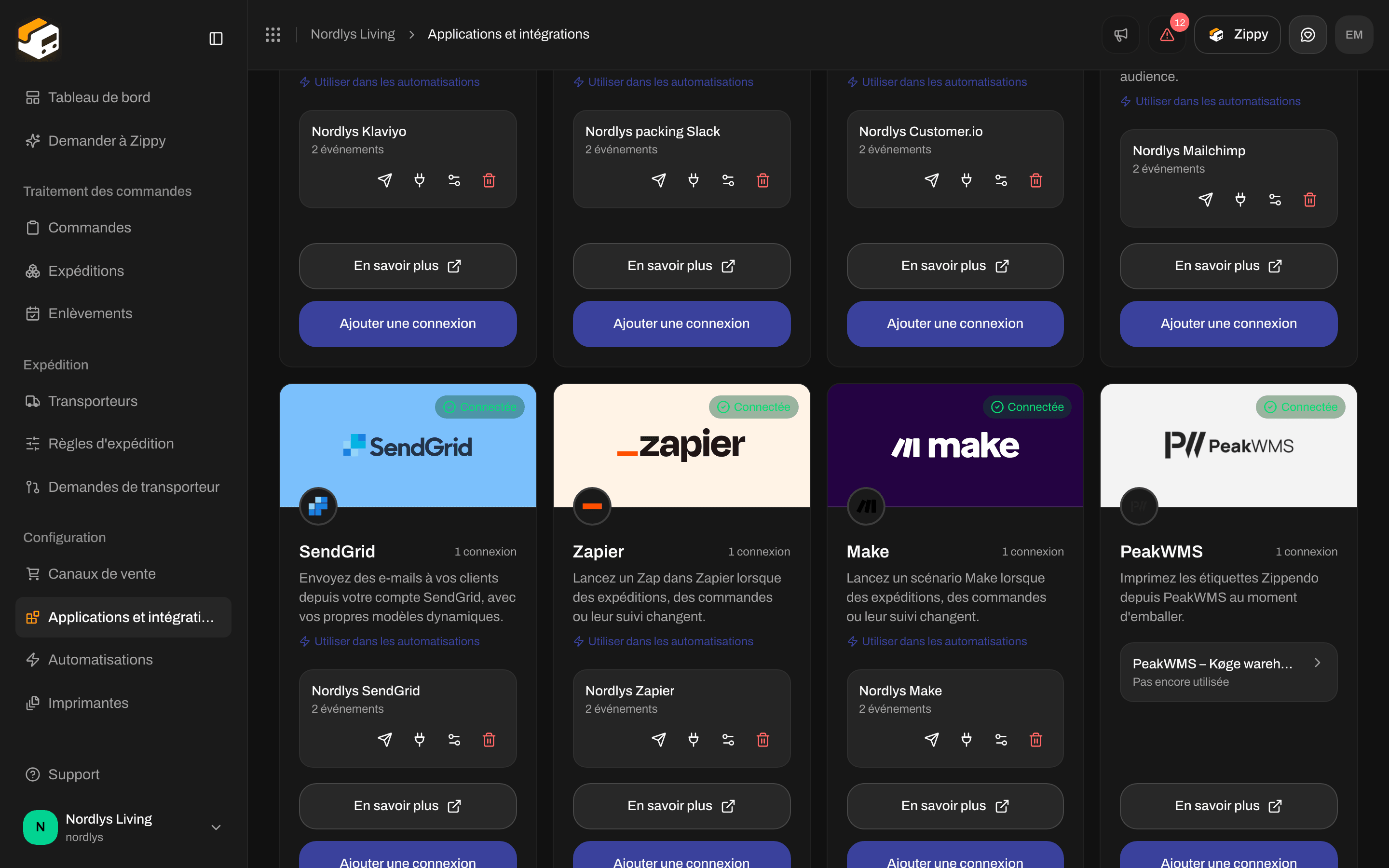 Onglet Connecté avec une connexion Zapier et les icônes de test, de journal des envois, de modification et de suppression