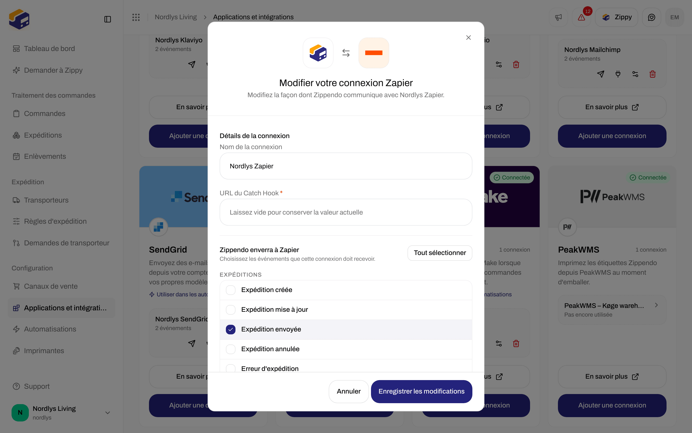 Fenêtre de modification d'une connexion Zapier avec le nom de la connexion, un champ Catch Hook vide et les événements