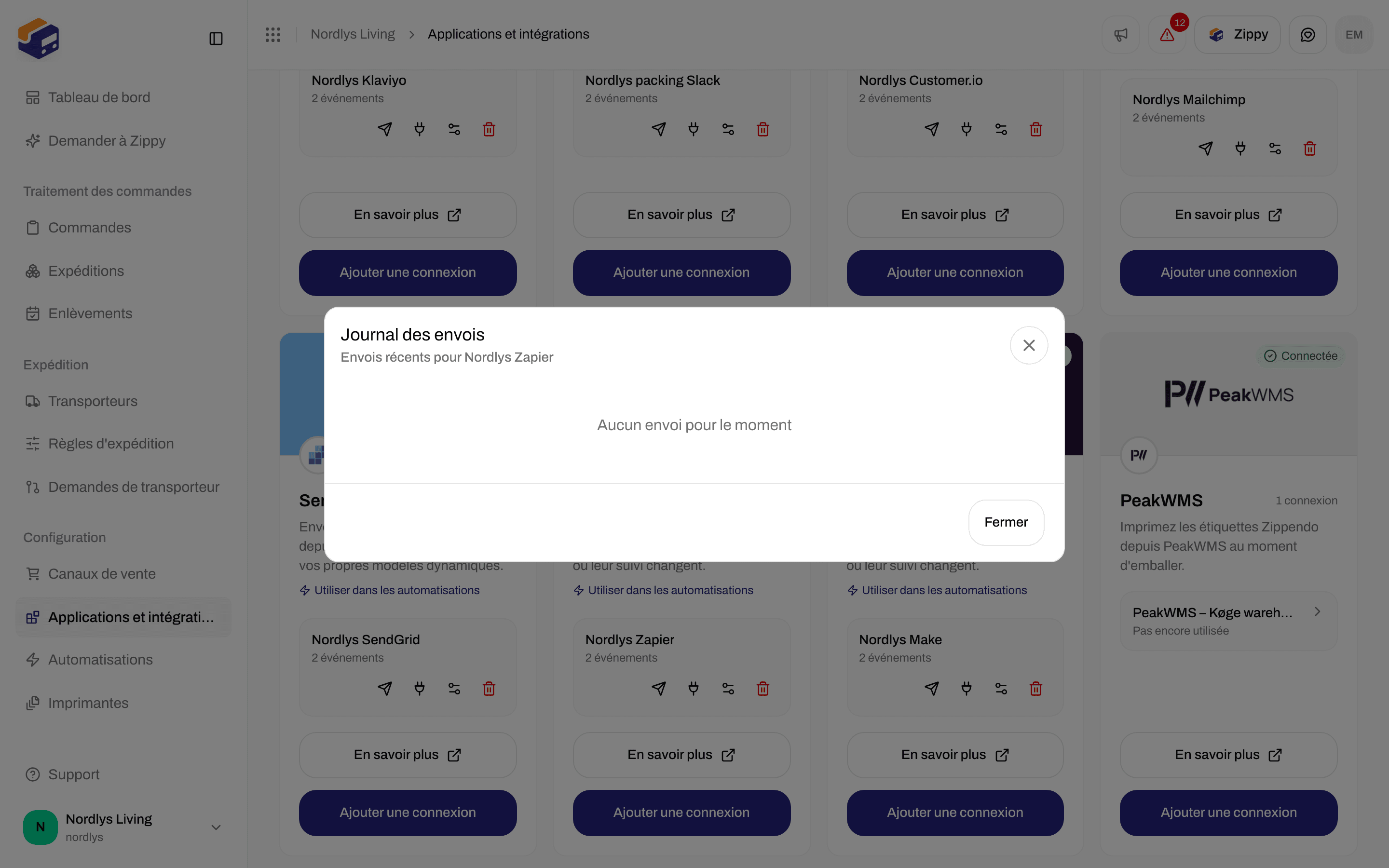 Fenêtre du journal des envois d'une connexion Zapier indiquant qu'il n'y a pas encore d'envois