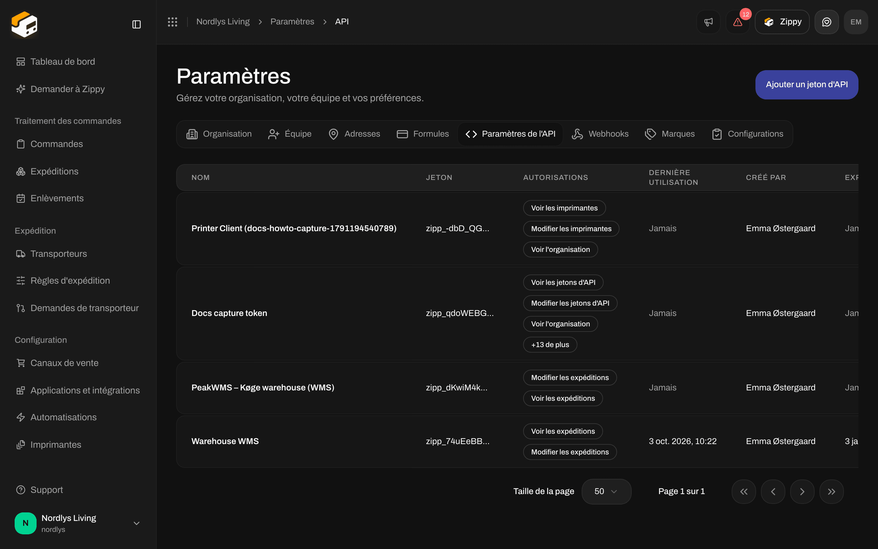 Onglet Paramètres de l'API avec la liste des jetons d'API et Ajouter un jeton d'API dans l'en-tête