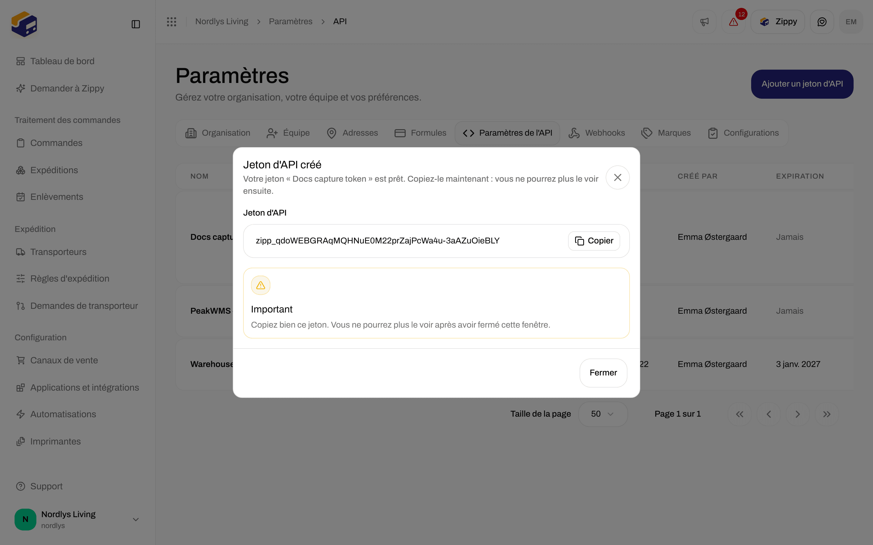 Fenêtre Jeton d'API créé avec le jeton, un bouton Copier et un avertissement Important