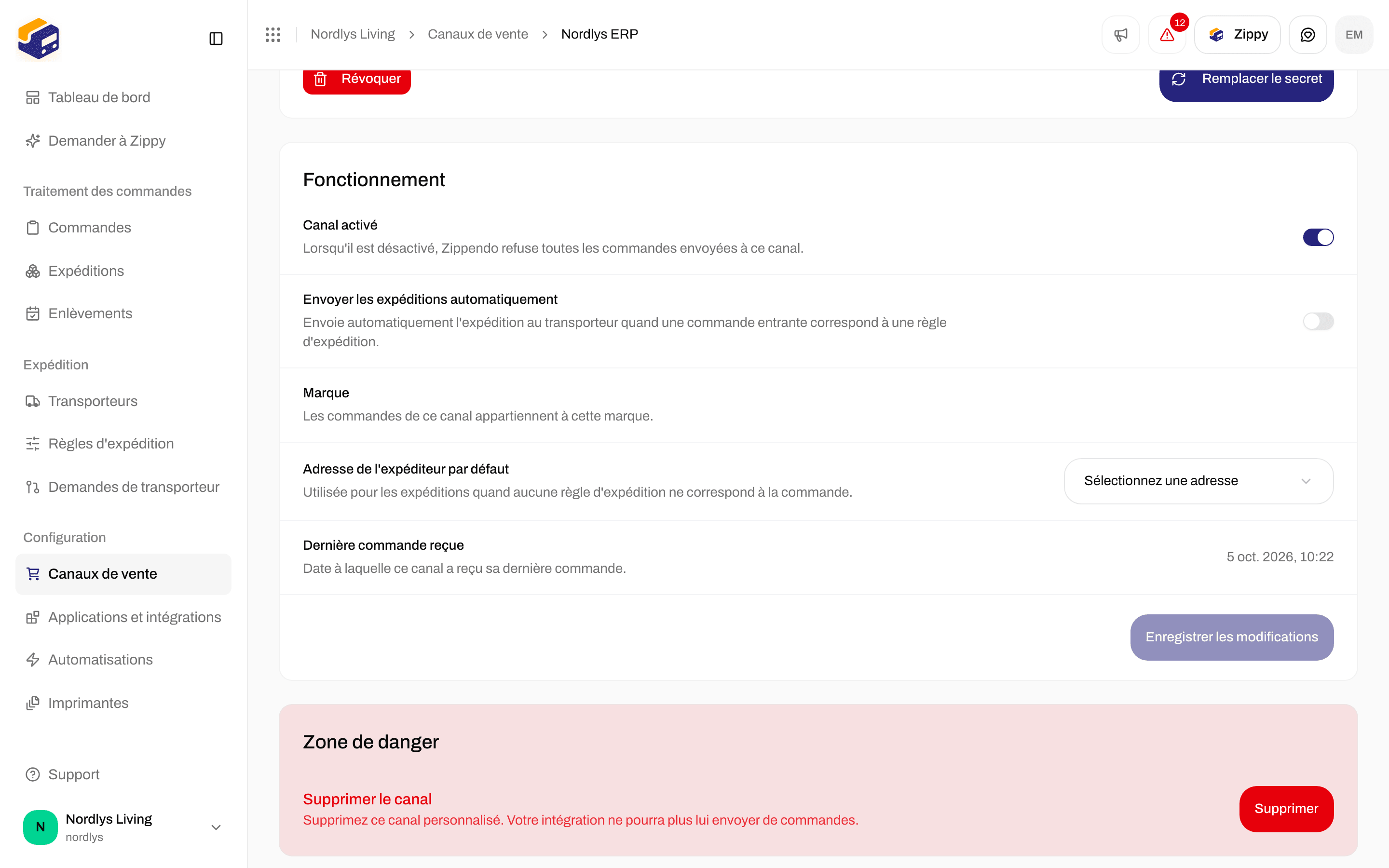 Carte Opérations avec Canal activé activé, Envoyer les expéditions automatiquement, Adresse de l'expéditeur par défaut, Dernière commande reçue et Enregistrer les modifications