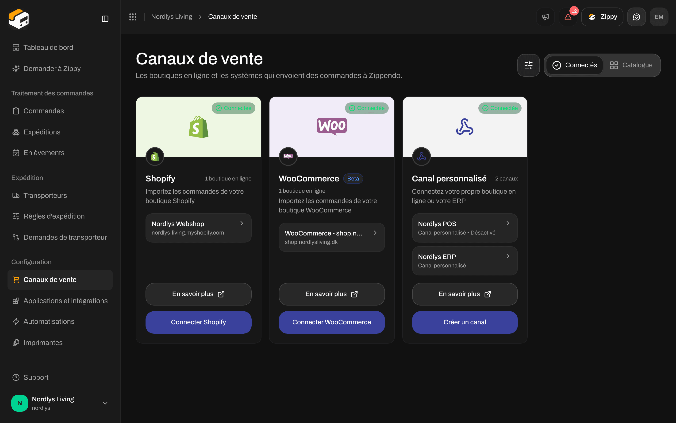 Page Canaux de vente avec un canal personnalisé marqué Désactivée