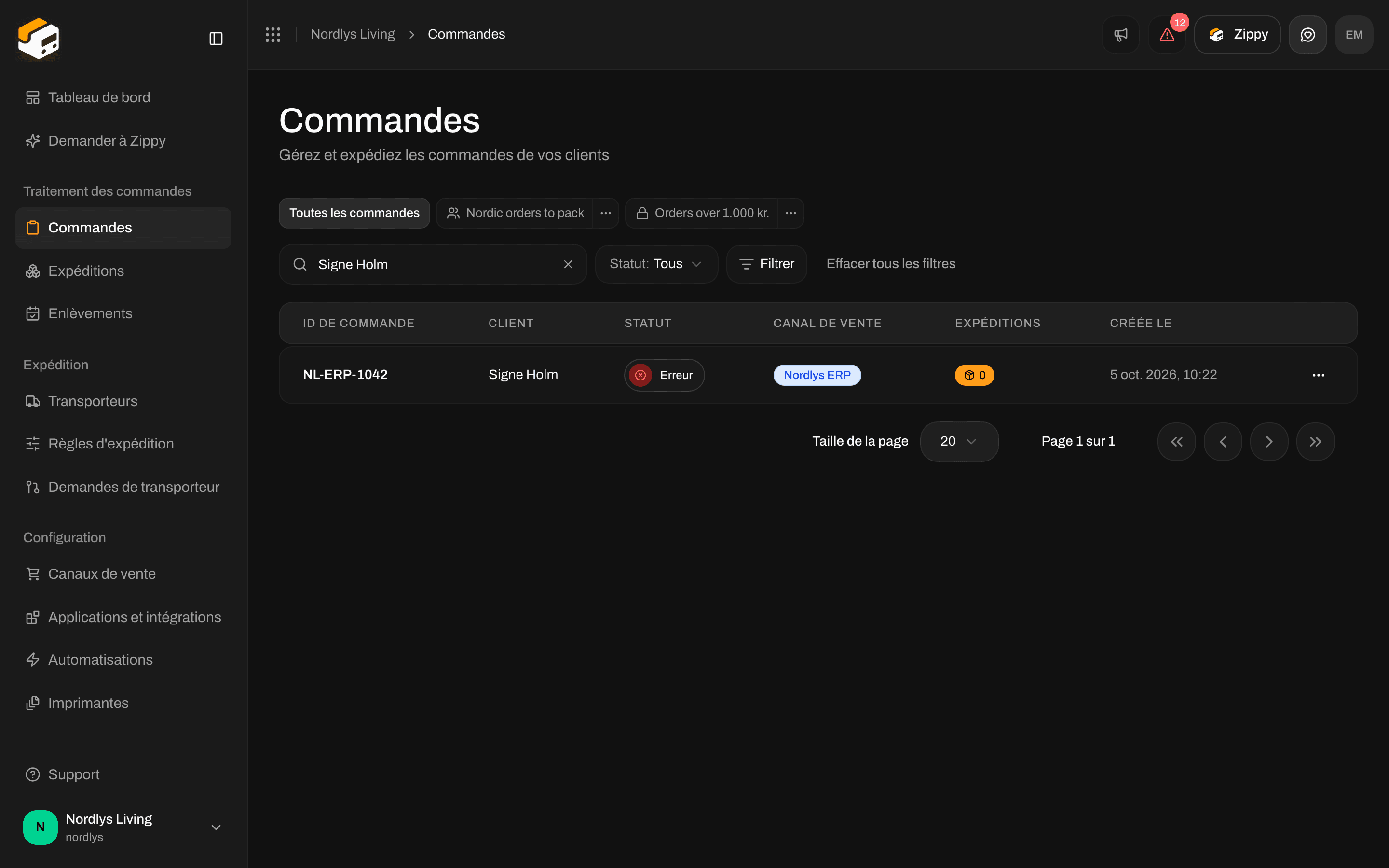Liste des commandes avec une commande arrivée par un canal personnalisé