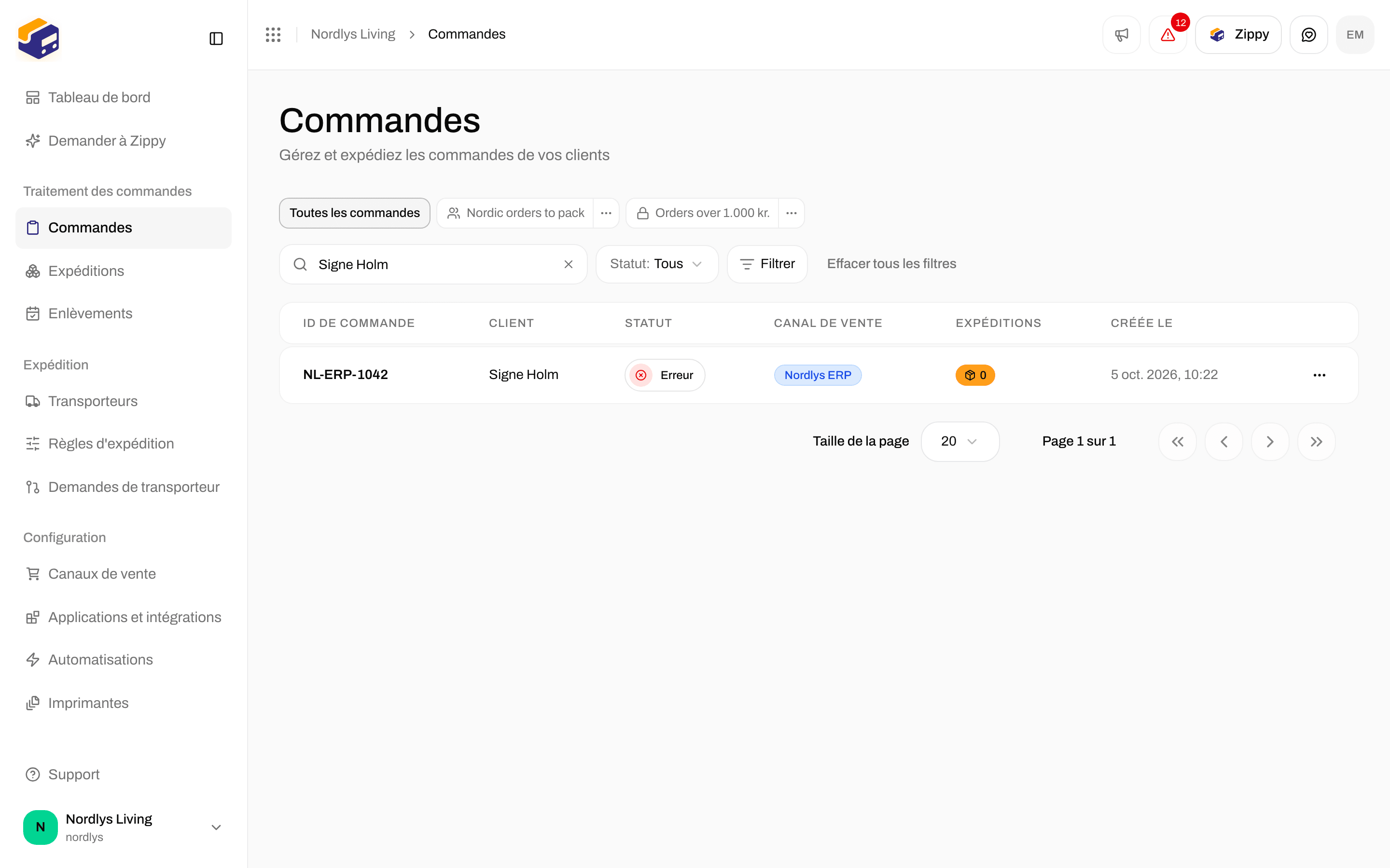Liste des commandes avec une commande arrivée par un canal personnalisé