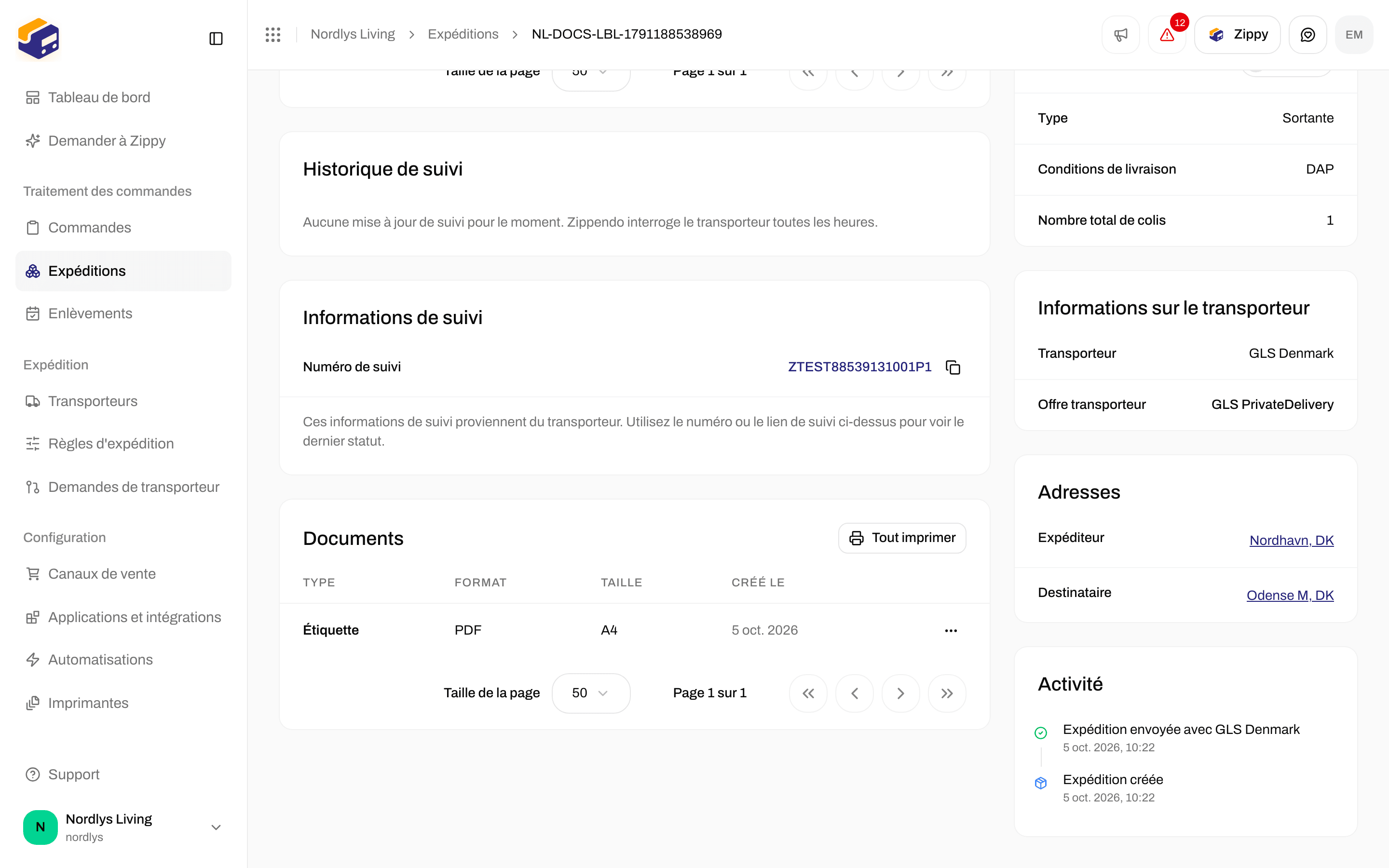 Carte Documents d'une expédition avec une ligne d'étiquette PDF et Tout imprimer