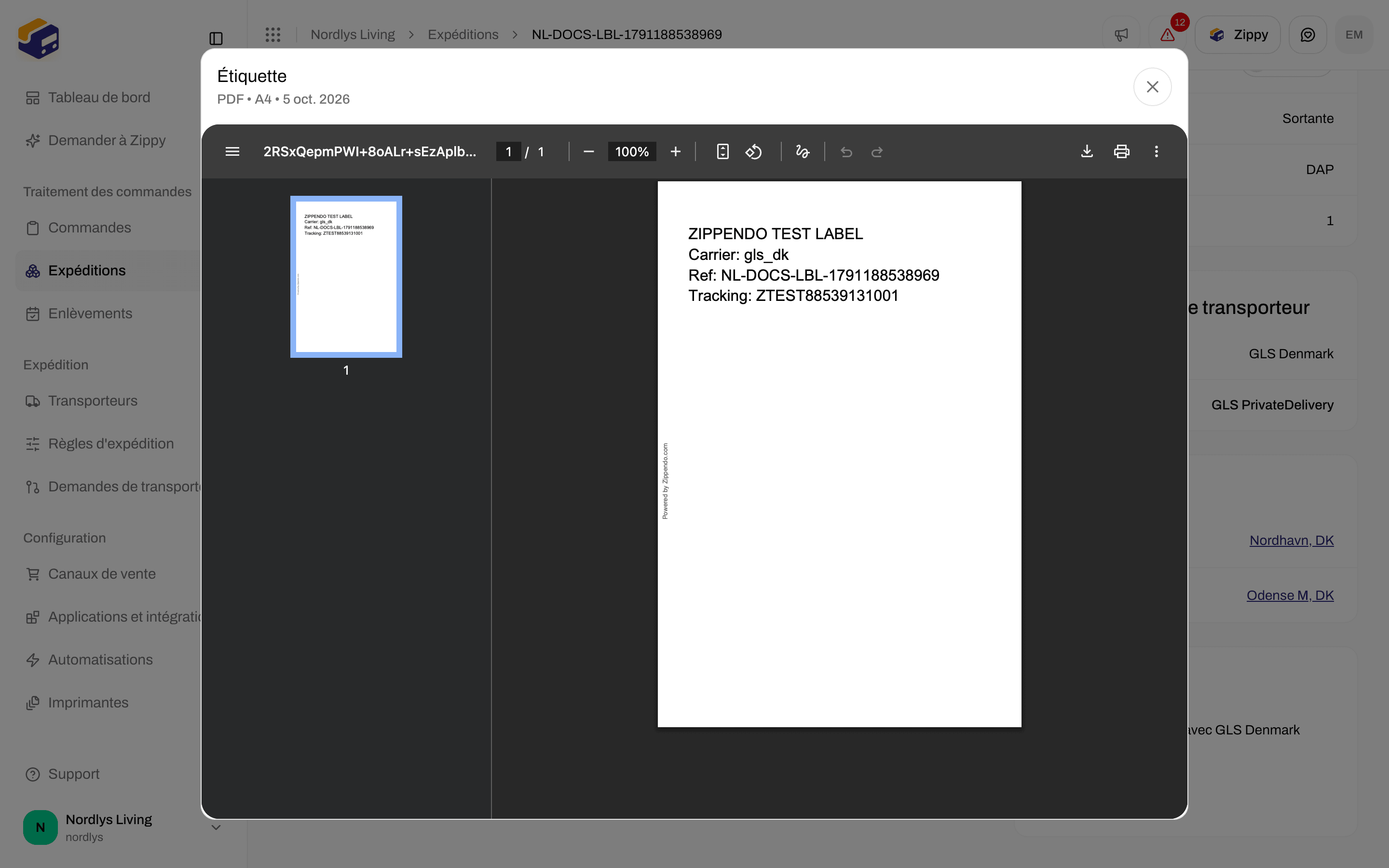 Fenêtre de document intitulée Étiquette affichant une étiquette PDF