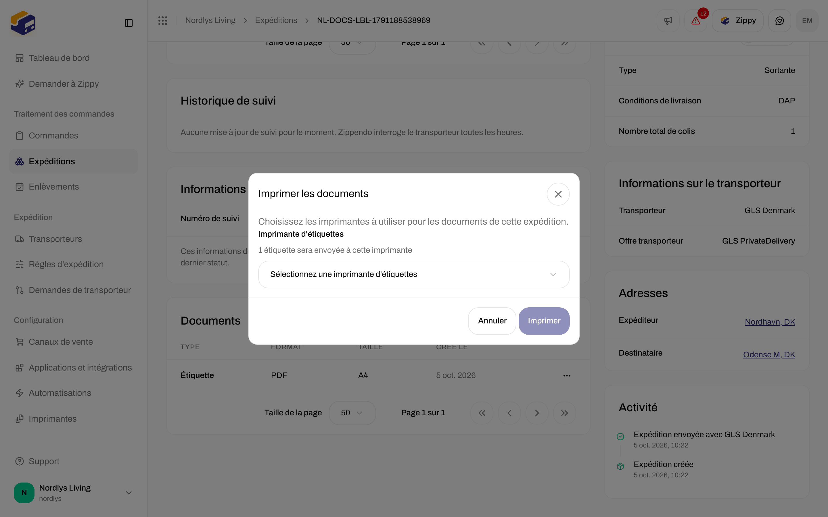 Fenêtre Imprimer les documents demandant une imprimante d'étiquettes