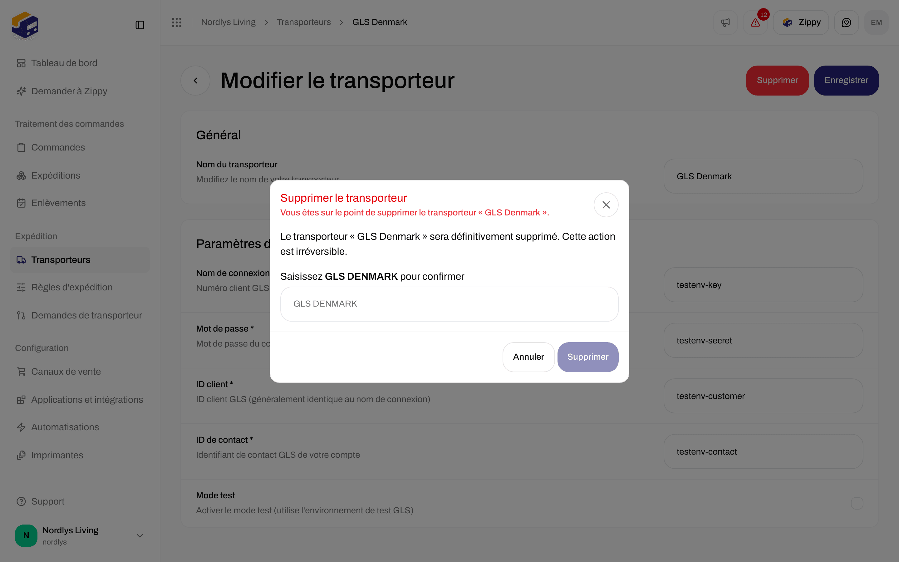 Fenêtre Supprimer le transporteur demandant de saisir le nom du transporteur en majuscules