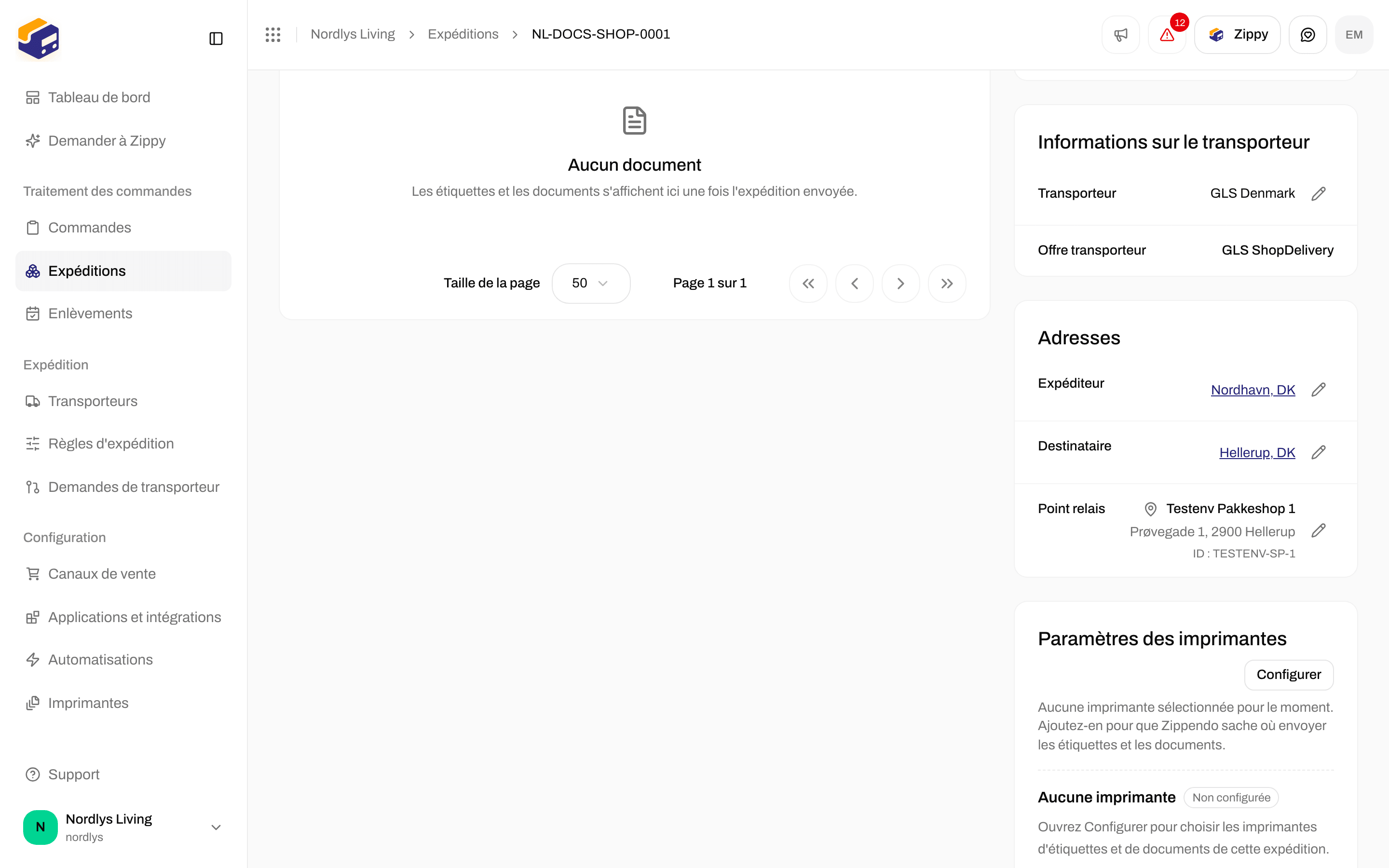 Section Adresses avec Expéditeur, Destinataire et le nom, l'adresse et l'ID du point relais