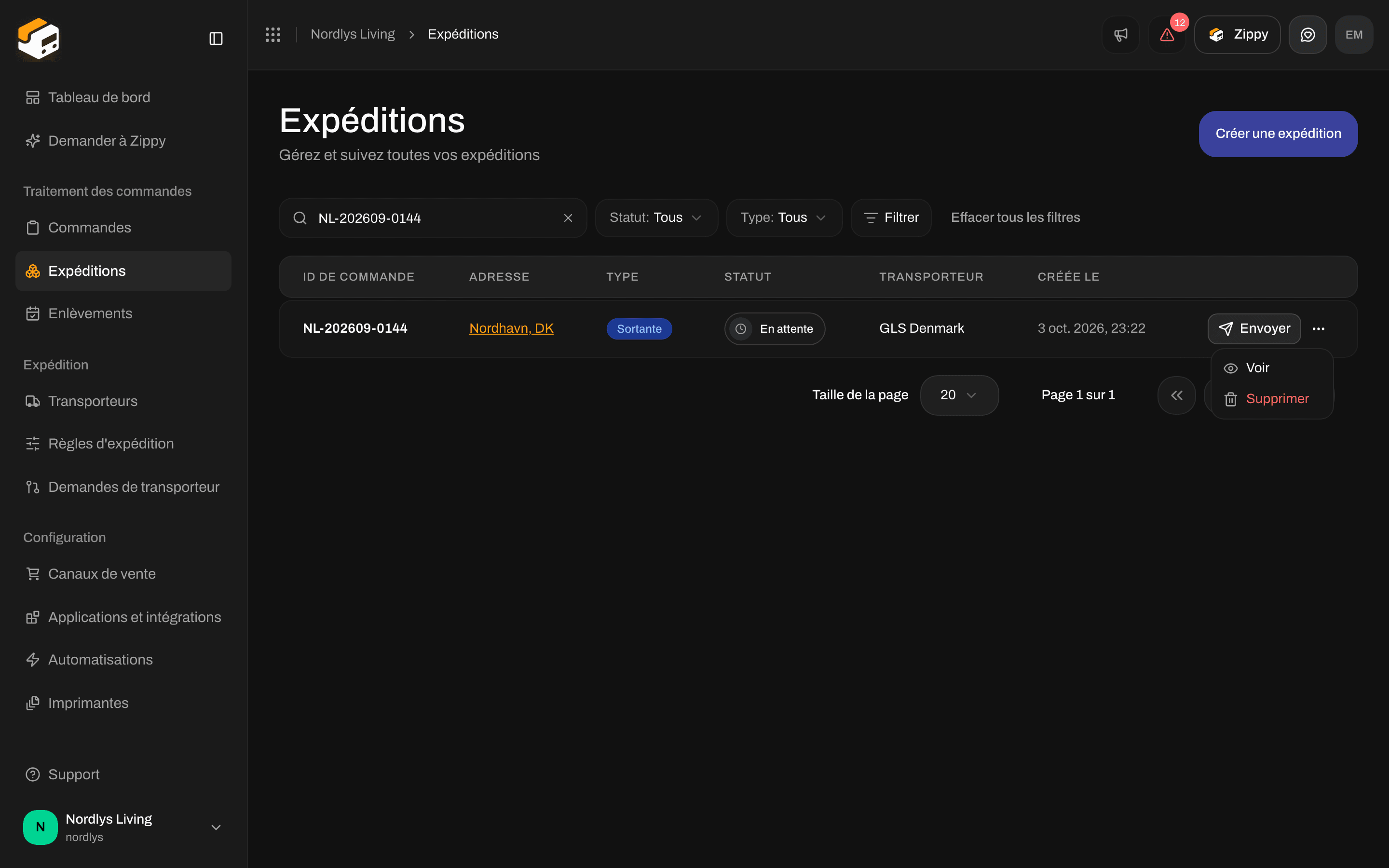 Menu de ligne de la liste des expéditions avec Voir et Supprimer