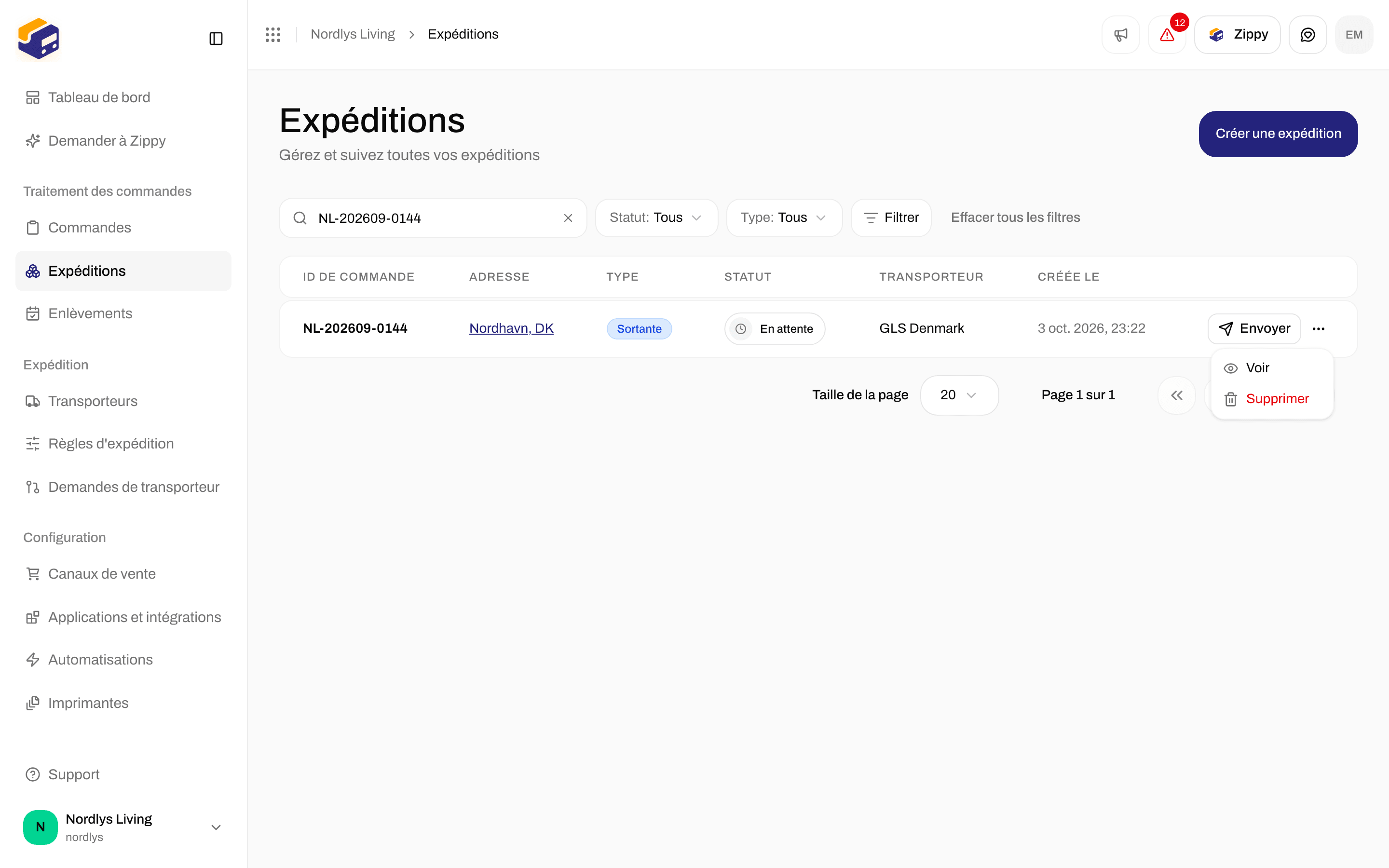 Menu de ligne de la liste des expéditions avec Voir et Supprimer