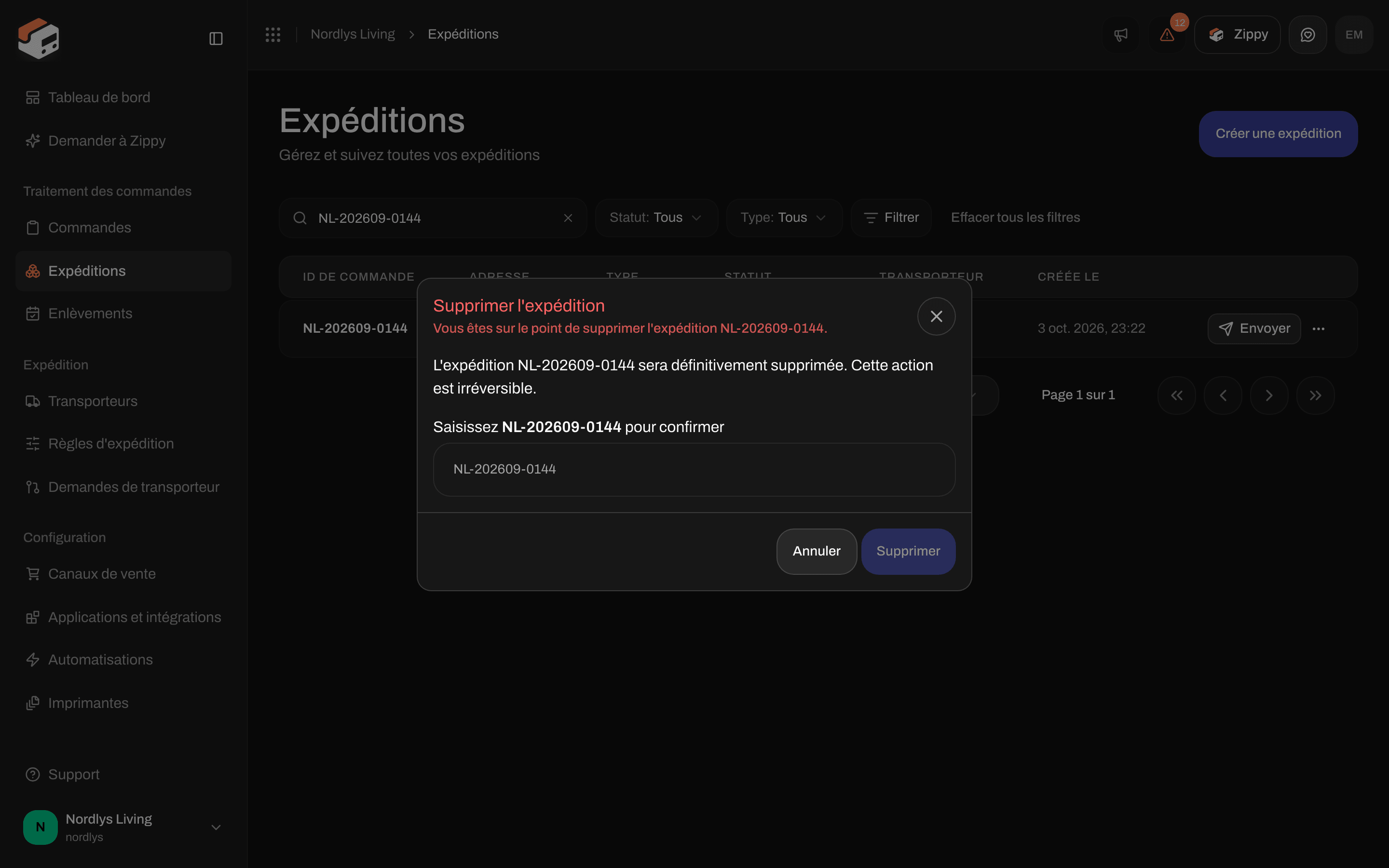 Confirmation Supprimer l'expédition demandant de saisir la référence de l'expédition