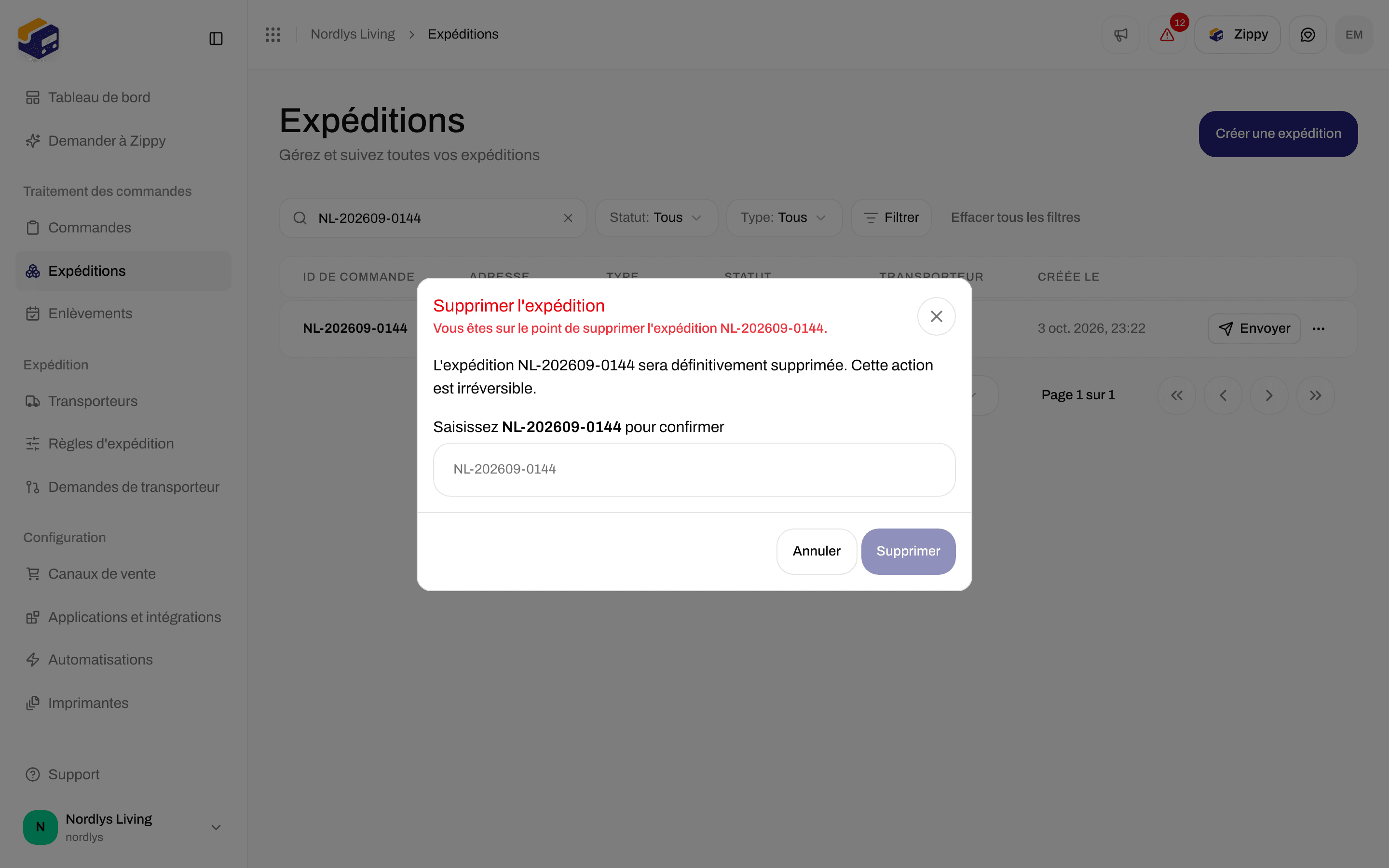 Confirmation Supprimer l'expédition demandant de saisir la référence de l'expédition